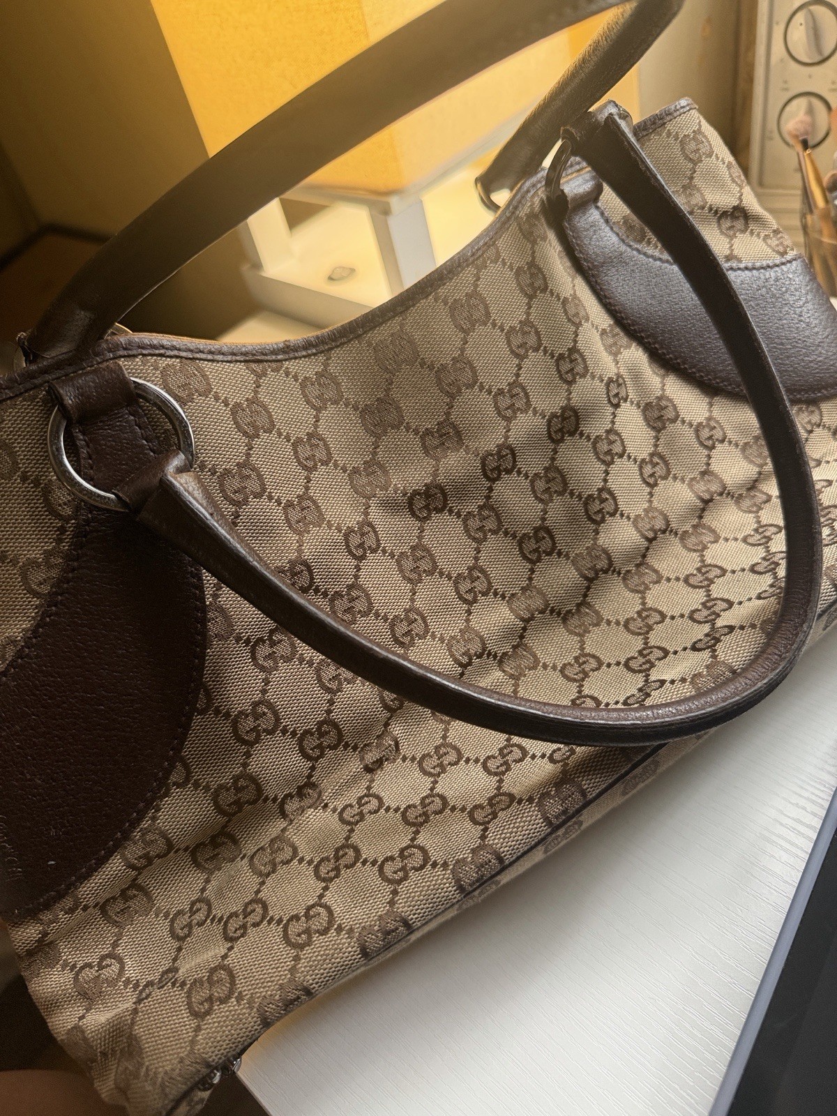 Gucci GG Supreme Beige/Brown Shoulder Bag Silver Hardware Magnetic Bottom Studs