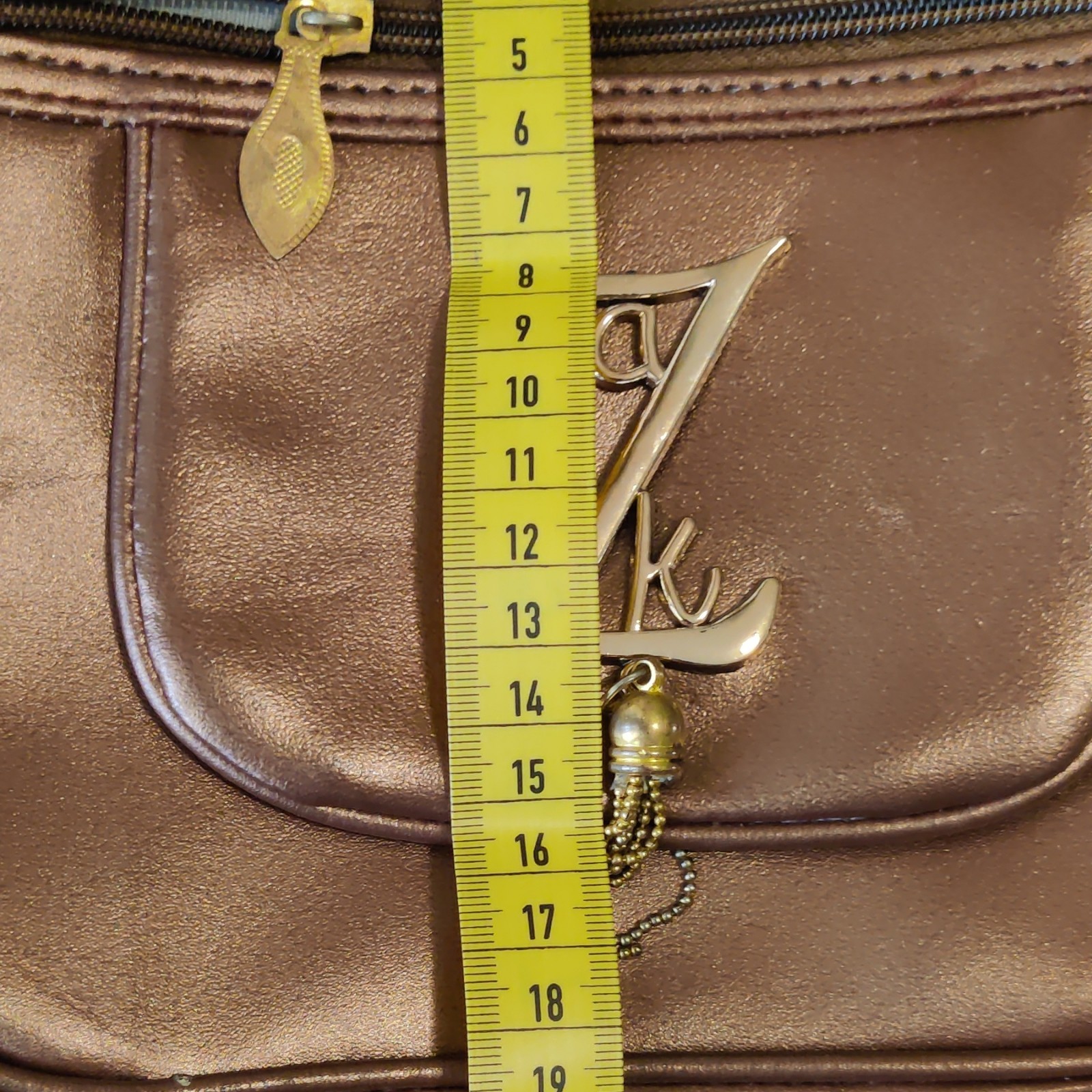 Women’s Bronze Metallic Crossbody Bag Zip Closure Outer Pockets Lined Gold Charm