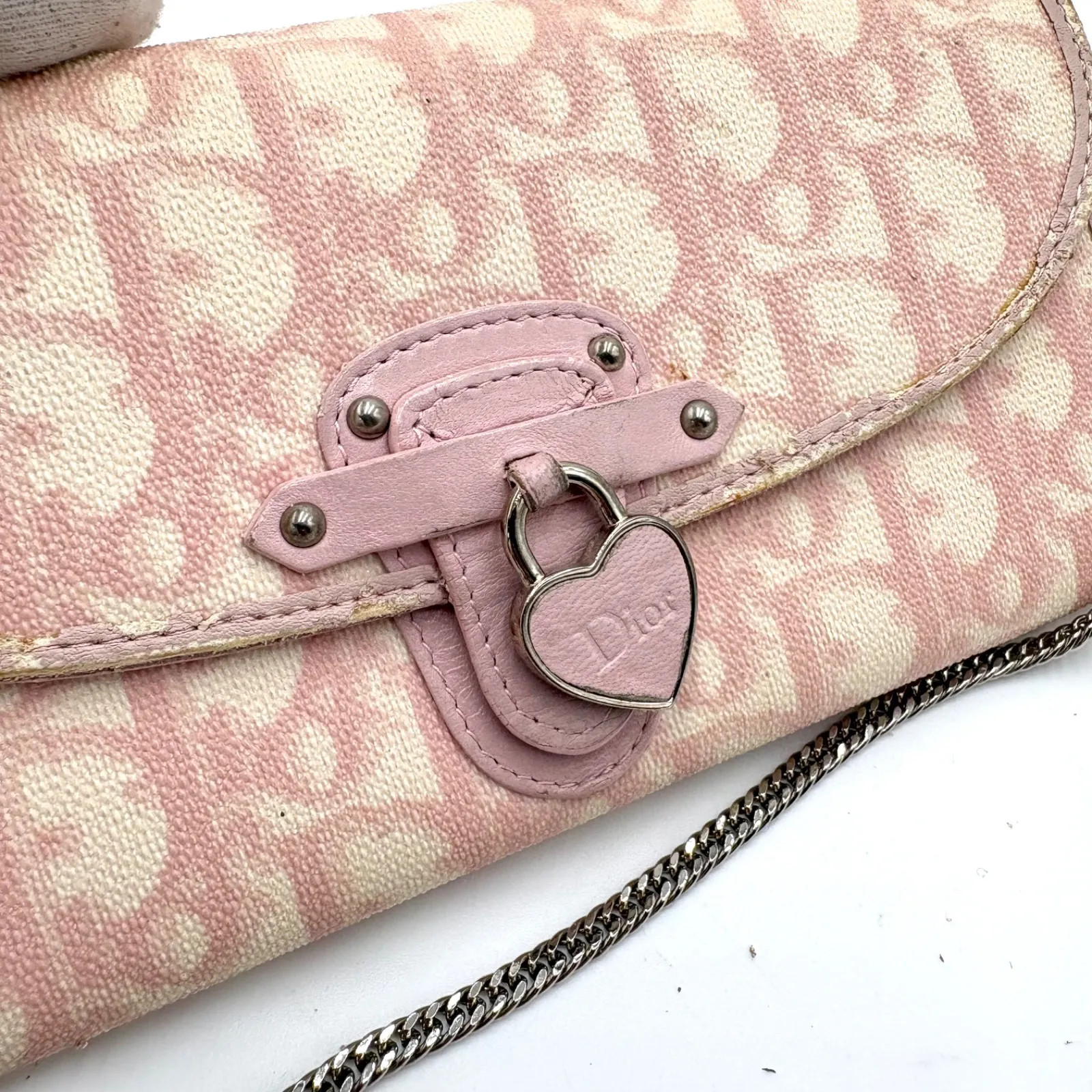 Auth Christian Dior Romantic Trotter Accessory Pouch Handbag Chain Wallet 2Y7459