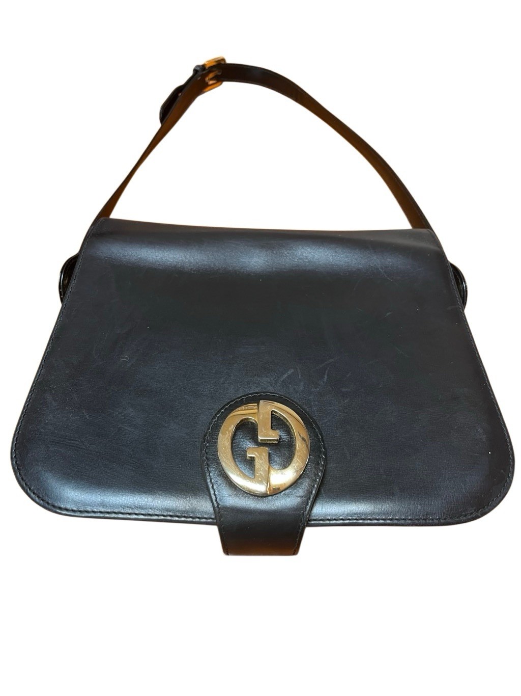 Vintage Authentic Gucci Black Leather Shoulder Bag Purse Gold Interlocking G’s