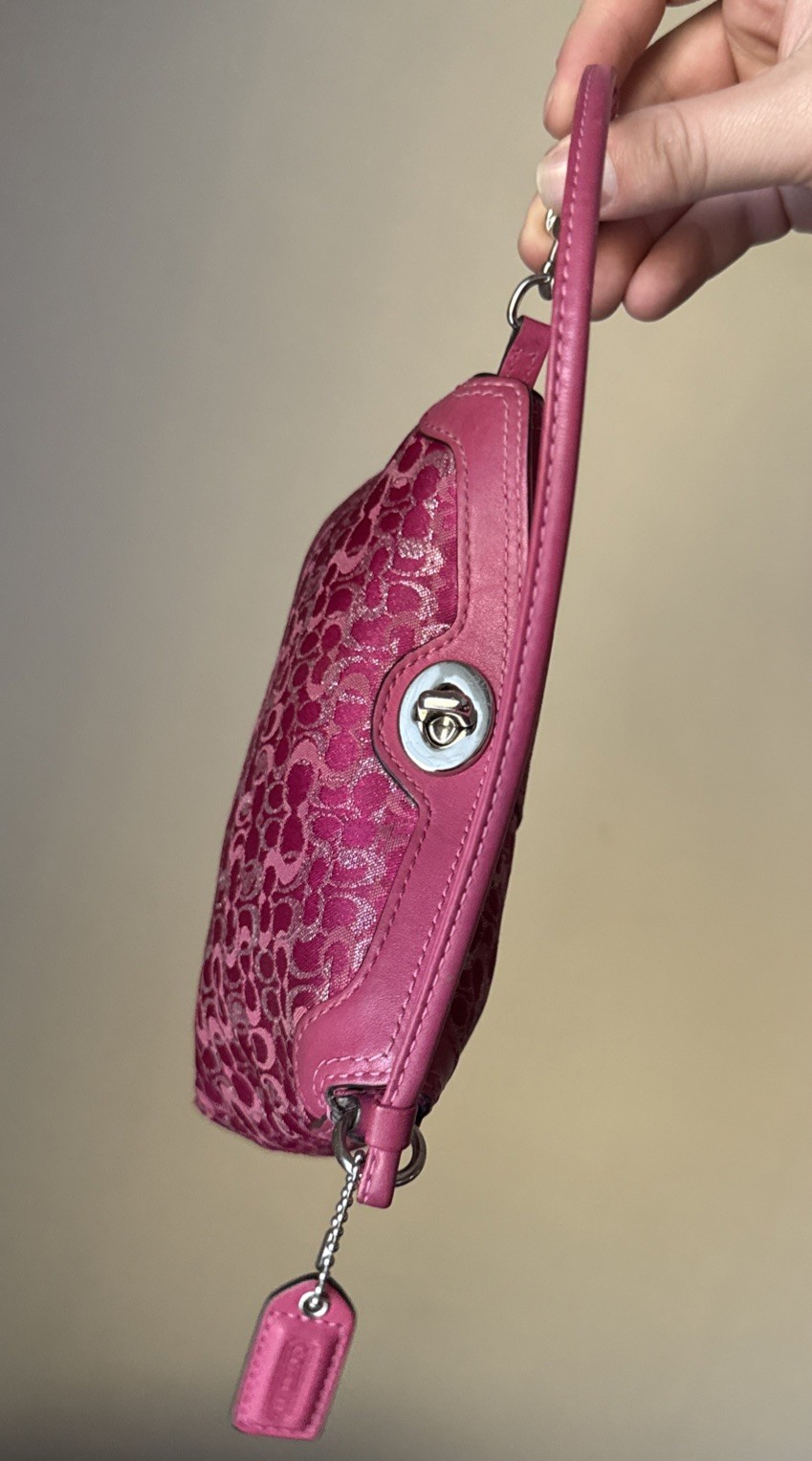 Coach Hot Pink Glitter Optic Lurex Turnlock Mini Bag Wristlet Signature C Y2K