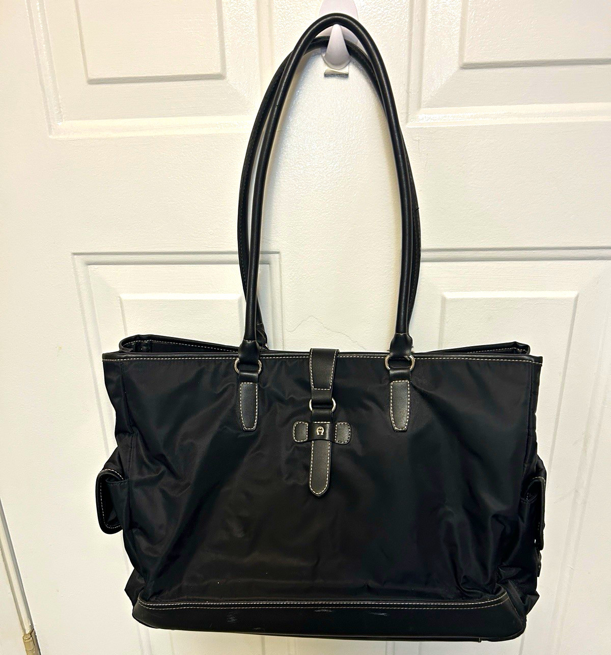 Black Etienne Aigner Womens nylon and leather shoulder tote bag. Great for work!
