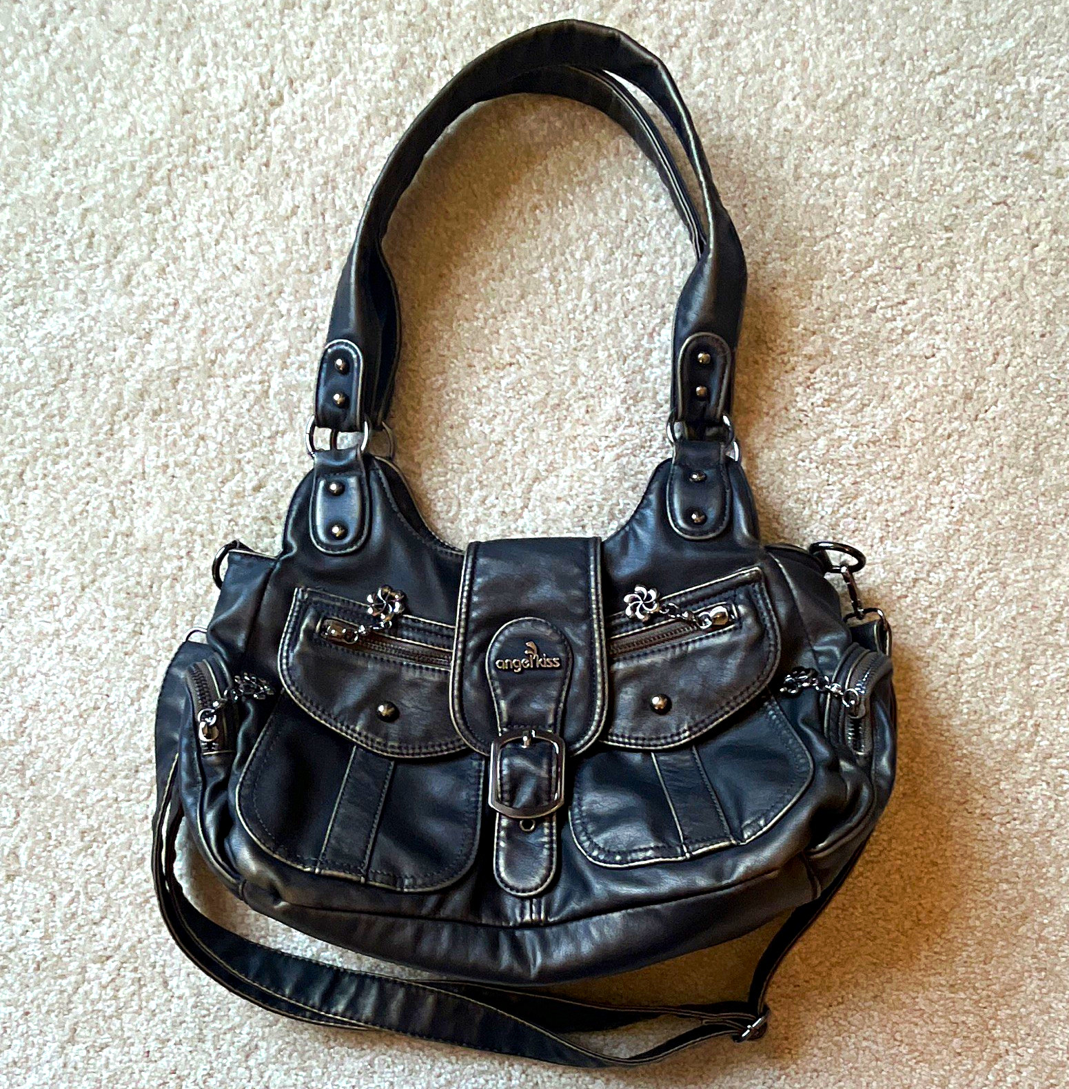 Angel Kiss Slouchy Black/Bronze Hobo Shoulder Bag Detachable Strap