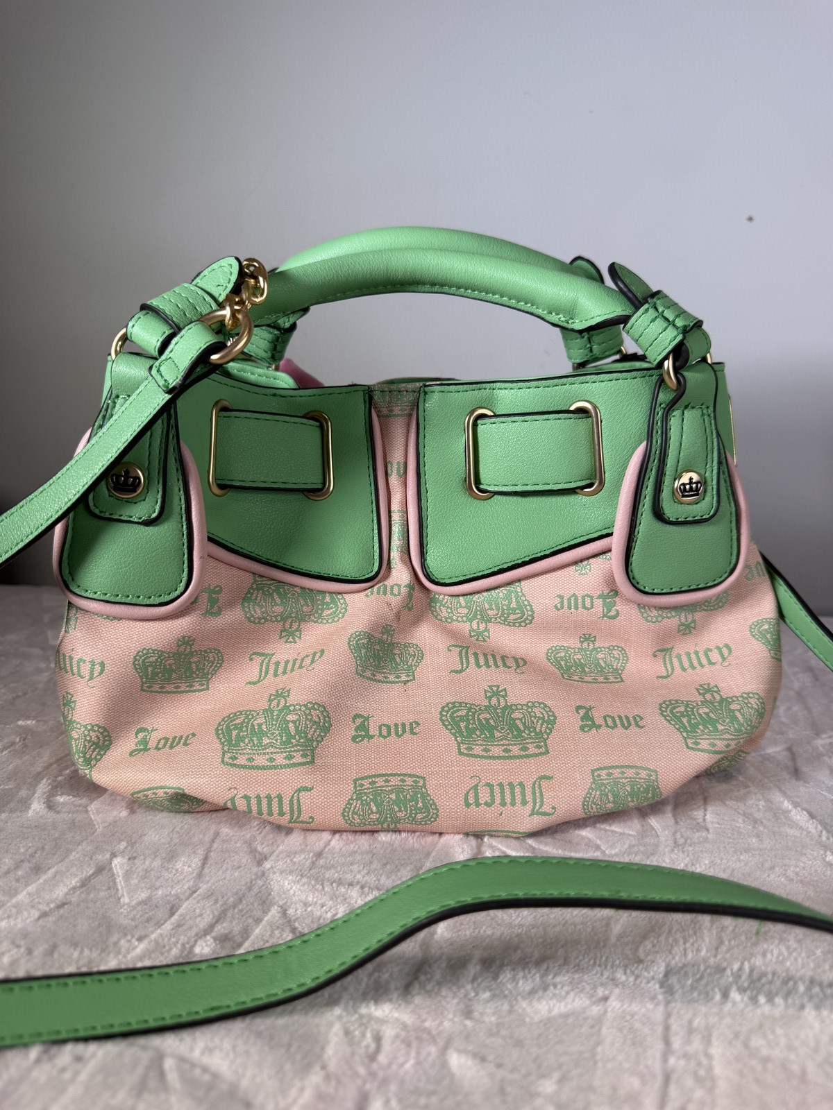 Juicy Couture Green Mini Bag Pink Bow Charm Faux Leather Y2K Shoulder Bag New