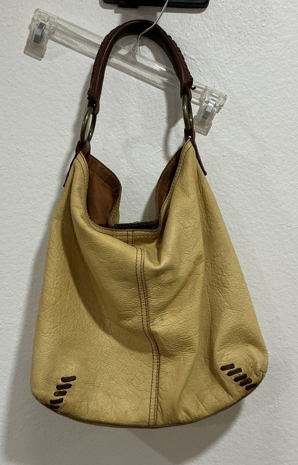 Vtg Lucky Brand Beige Cognac Detailed Leather Hobo Bag Purse Whipstitch *READ