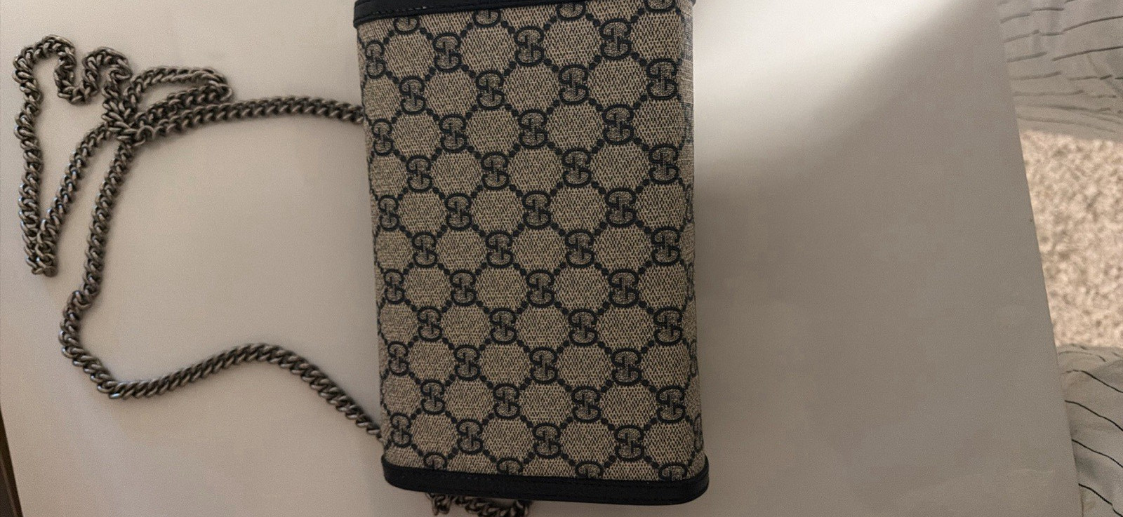Gucci GG Pattern Dionysus Shoulder Bag Chain Strap Silver Hardware Beige/Black