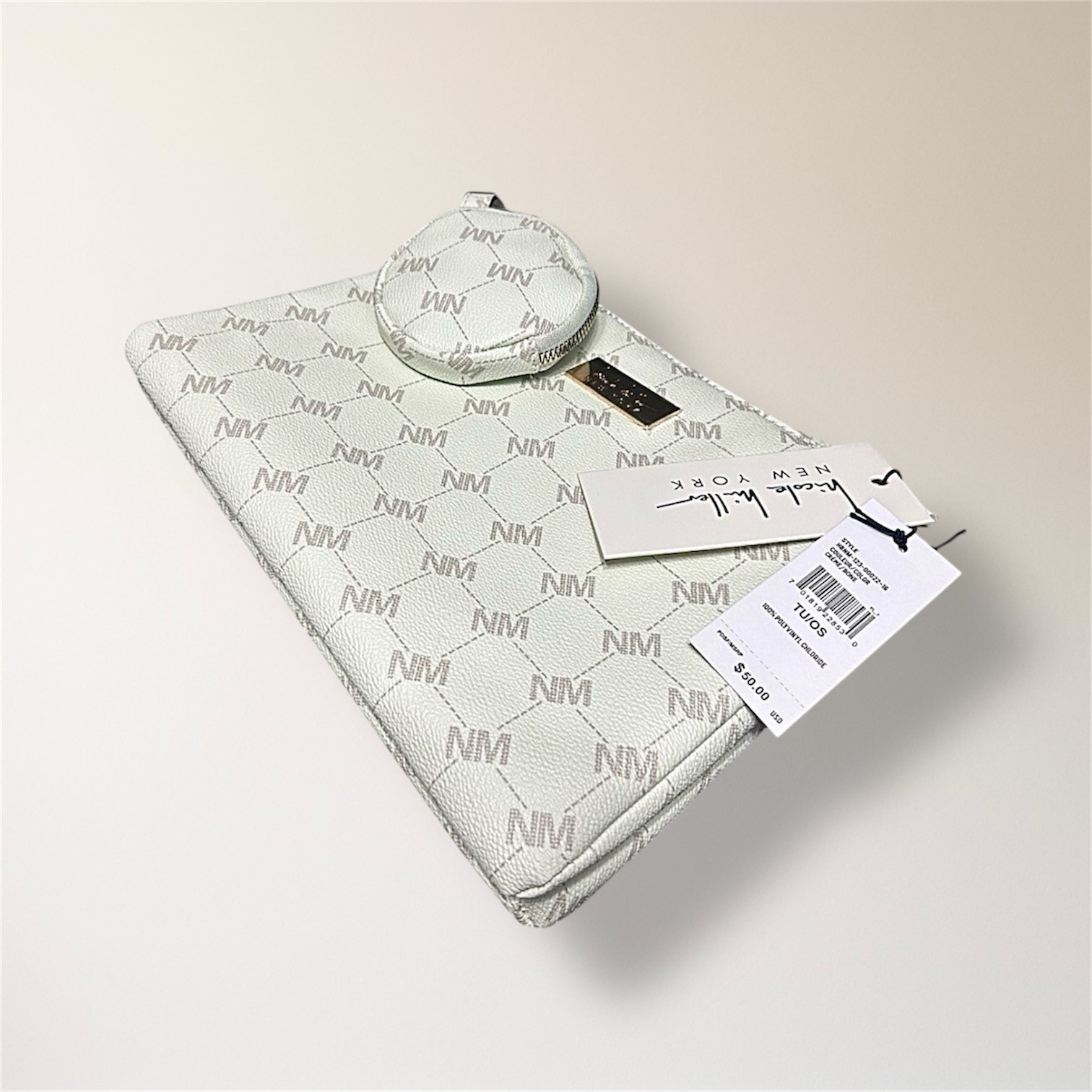 New Nicole Miller New York Bone Monogram Crossbody Bag Coin Purse Minimal Luxe