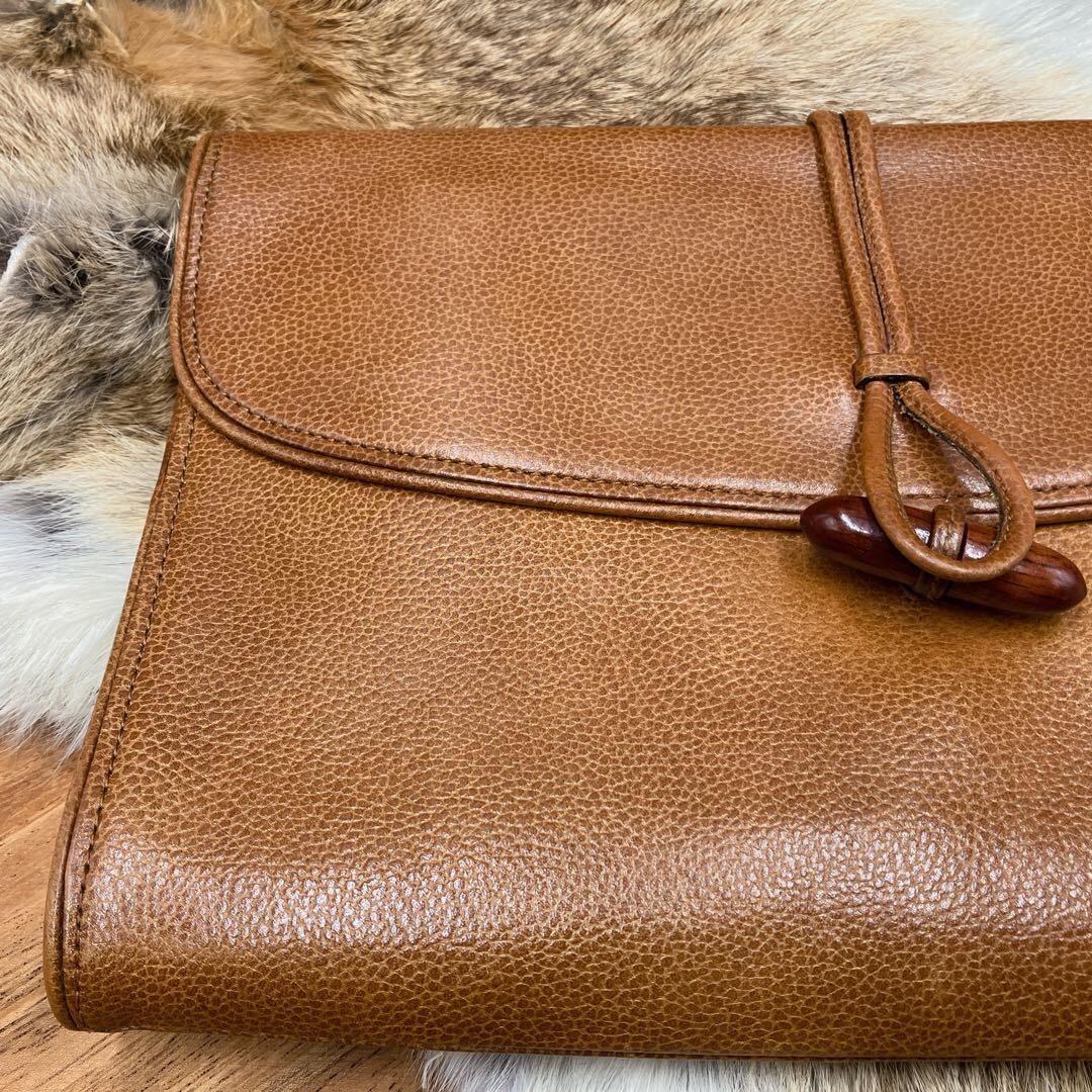Yves Saint Laurent Brown Leather Clutch Bag Wooden Toggle Men 27.5cm Vintage