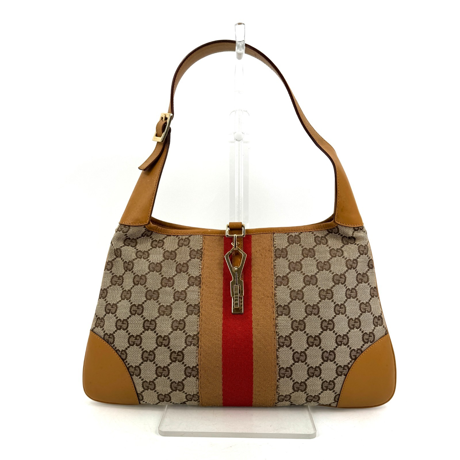 GUCCI 001.4057 GG Sherry Line Jackie Shoulder Bag Brown Yellow Leather Italy 345