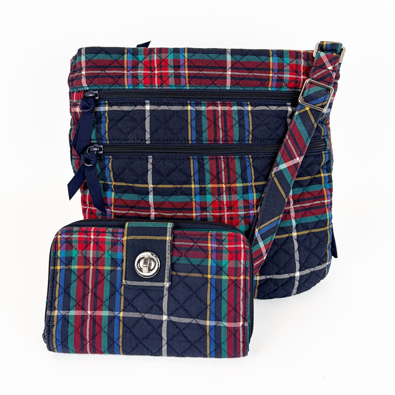 Vera Bradley Triple Zip Hipster Crossbody Matching Wallet Set Navy Tartan Plaid