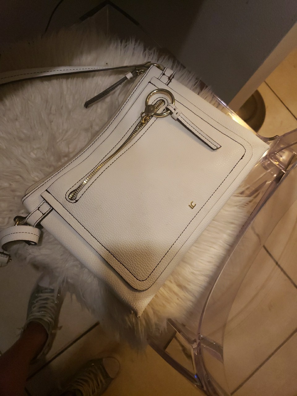 White LC Handbag Vintage With Compartments Genuine Cow Leather