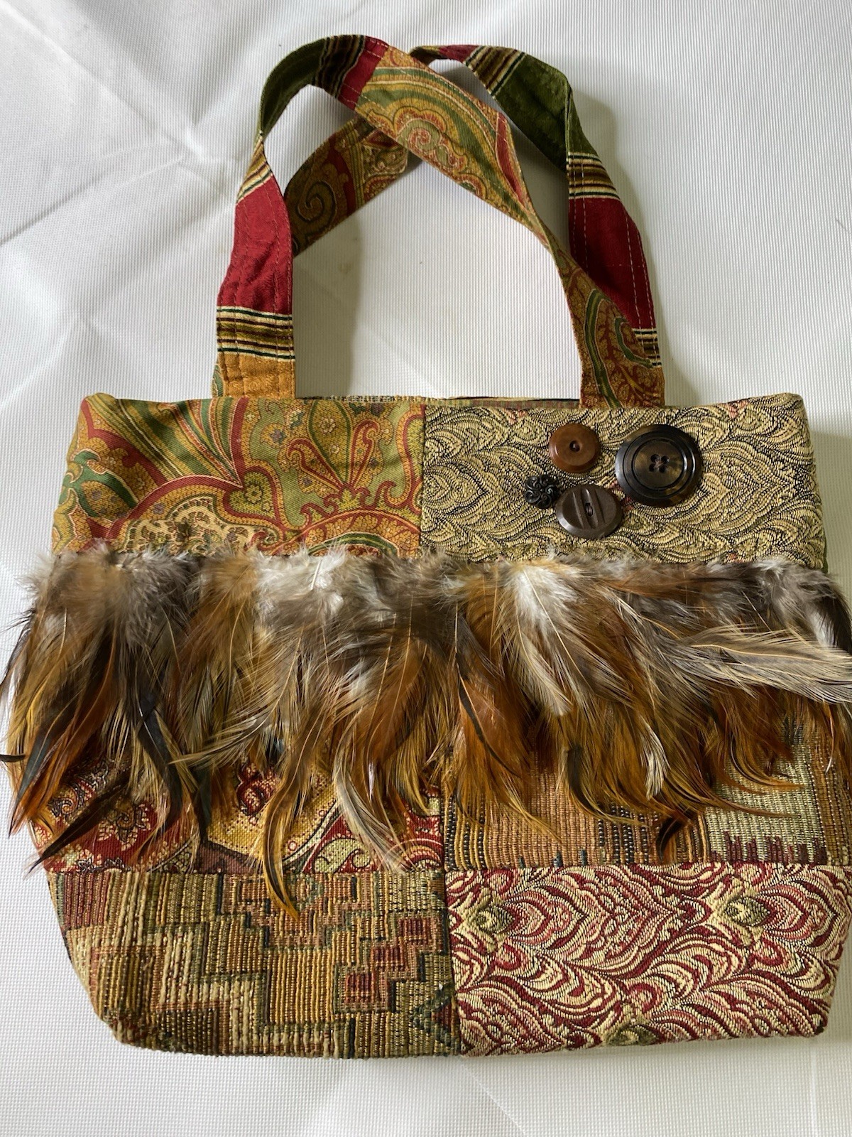 Vintage Hobo Bag Multi Patch Work Design With Feathers And Buttons