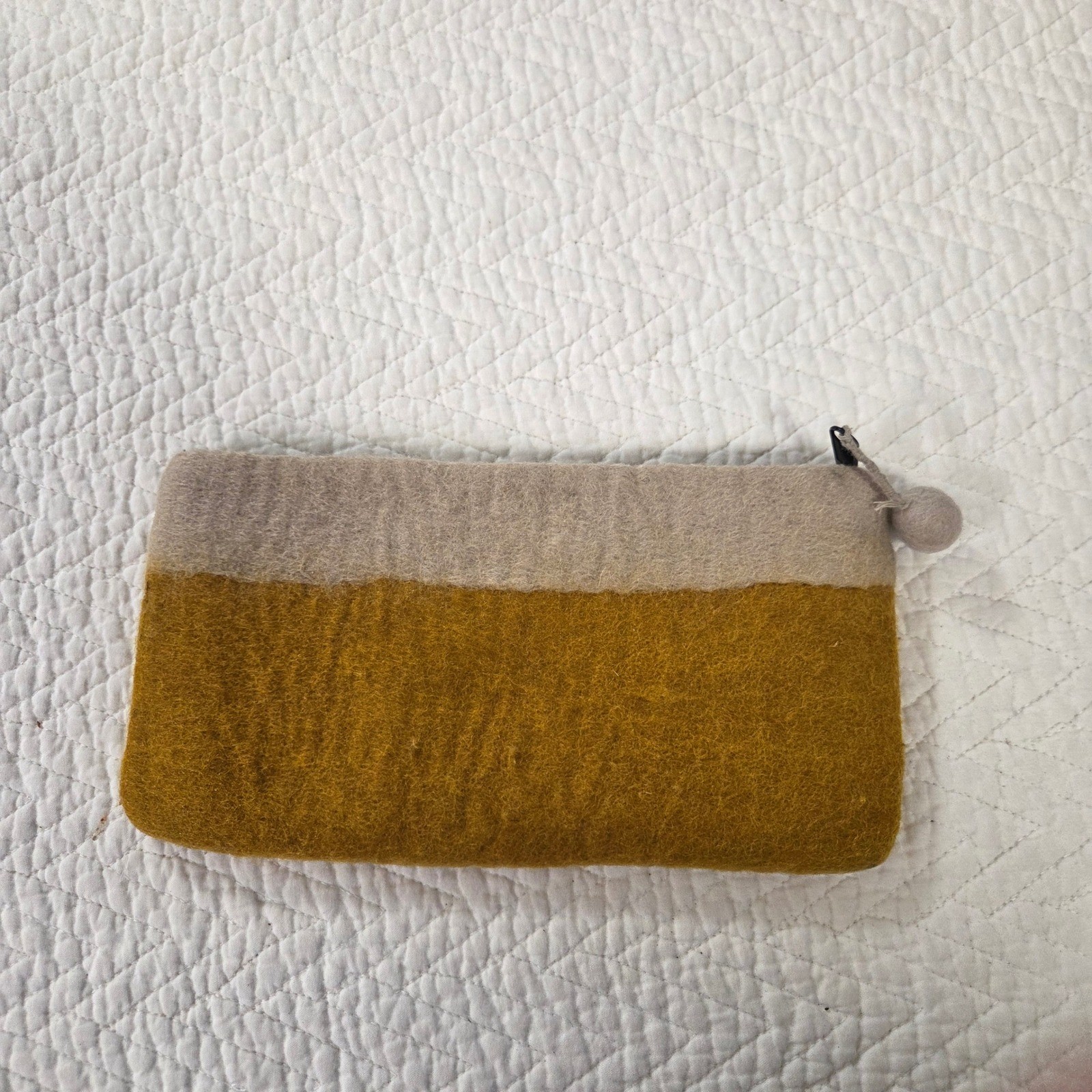 Mustard Yellow and Taupe Gray Felted Wool Colorblock Zipper Pouch Pom Pom Pull