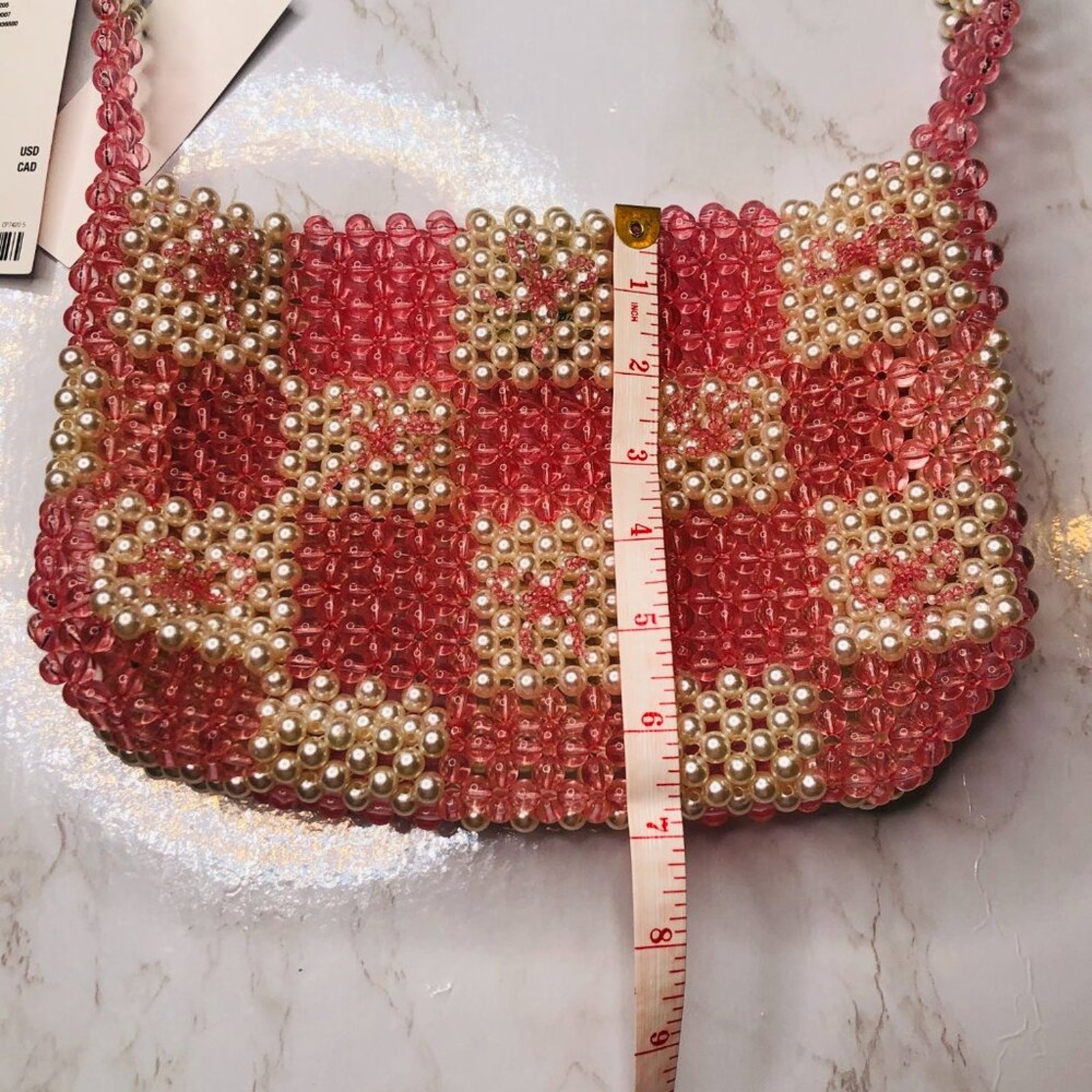 NWT Kimchi Blue Pink/White Beaded and Bows Gingham Checked Baguette Bag