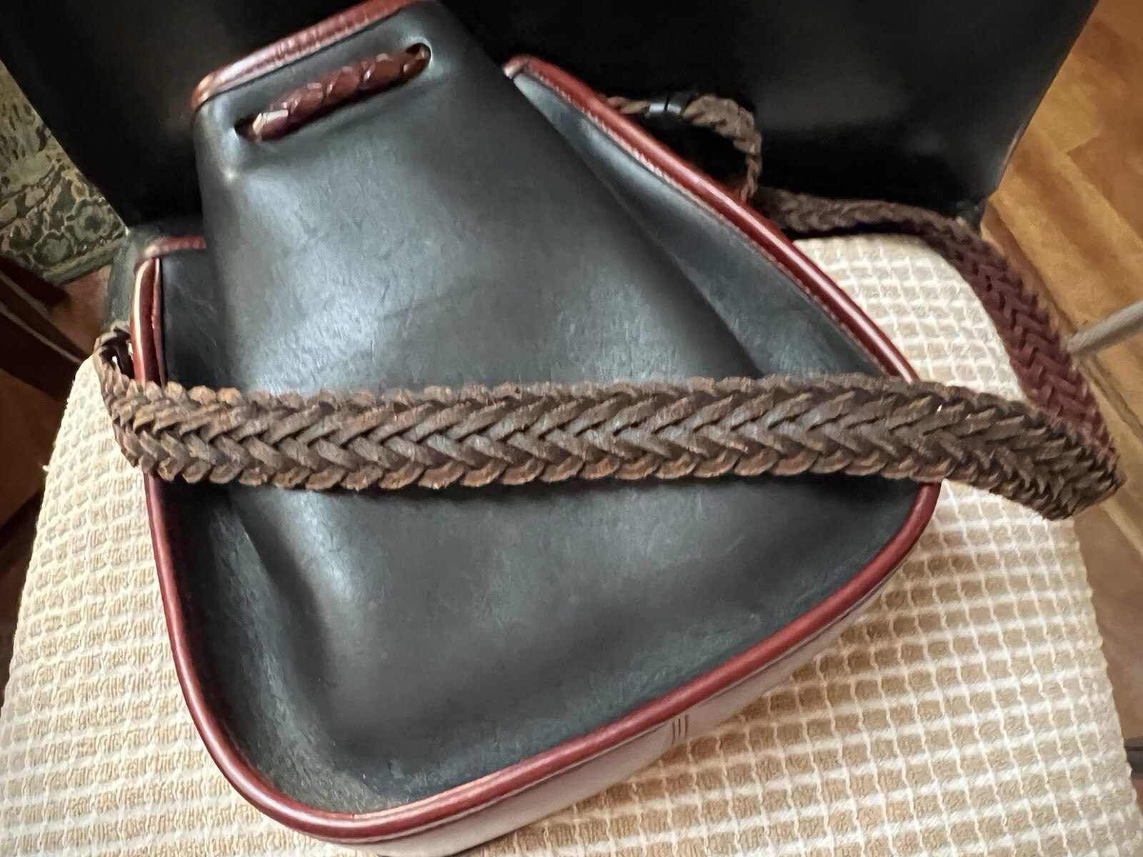 BRIGHTON Leather Drawstring Bag – Black With Brown Trim – NEW!
