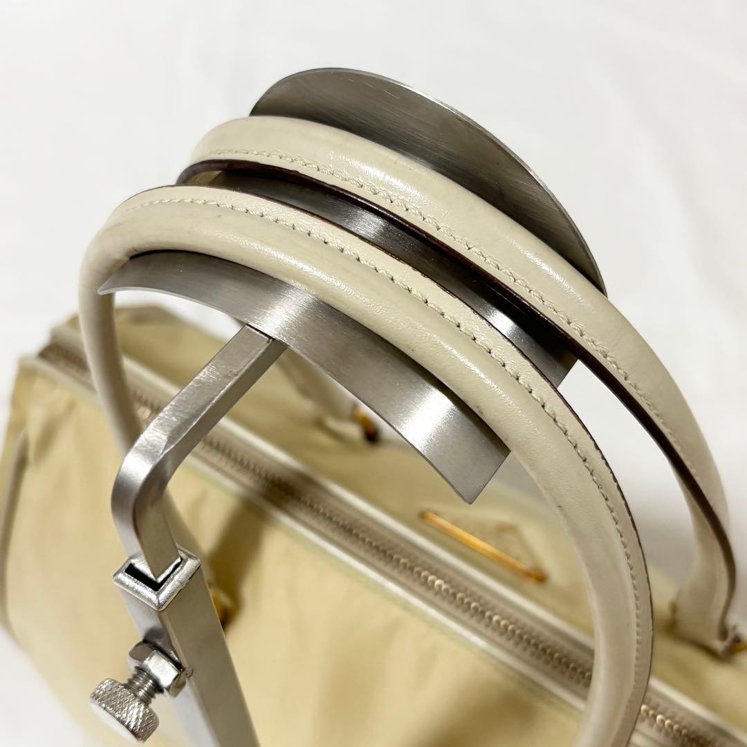 Authentic PRADA Handbag Tessuto Nylon Leather Light Beige 21cm x 28cm x 10cm