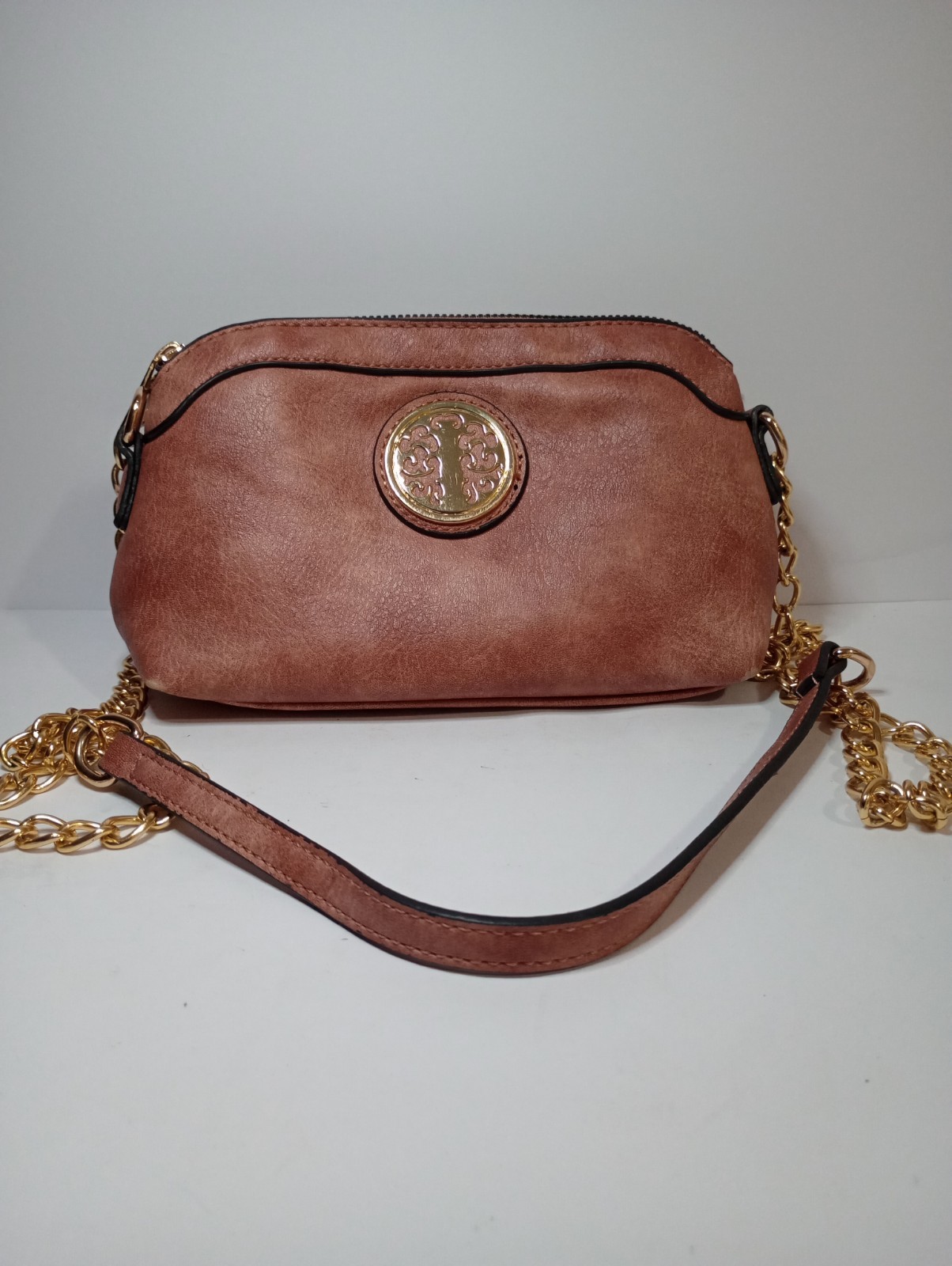 Pink Tanned Leather Shoulder Bag Gold Chain Strap Zip Closure Gold Hardware Lady