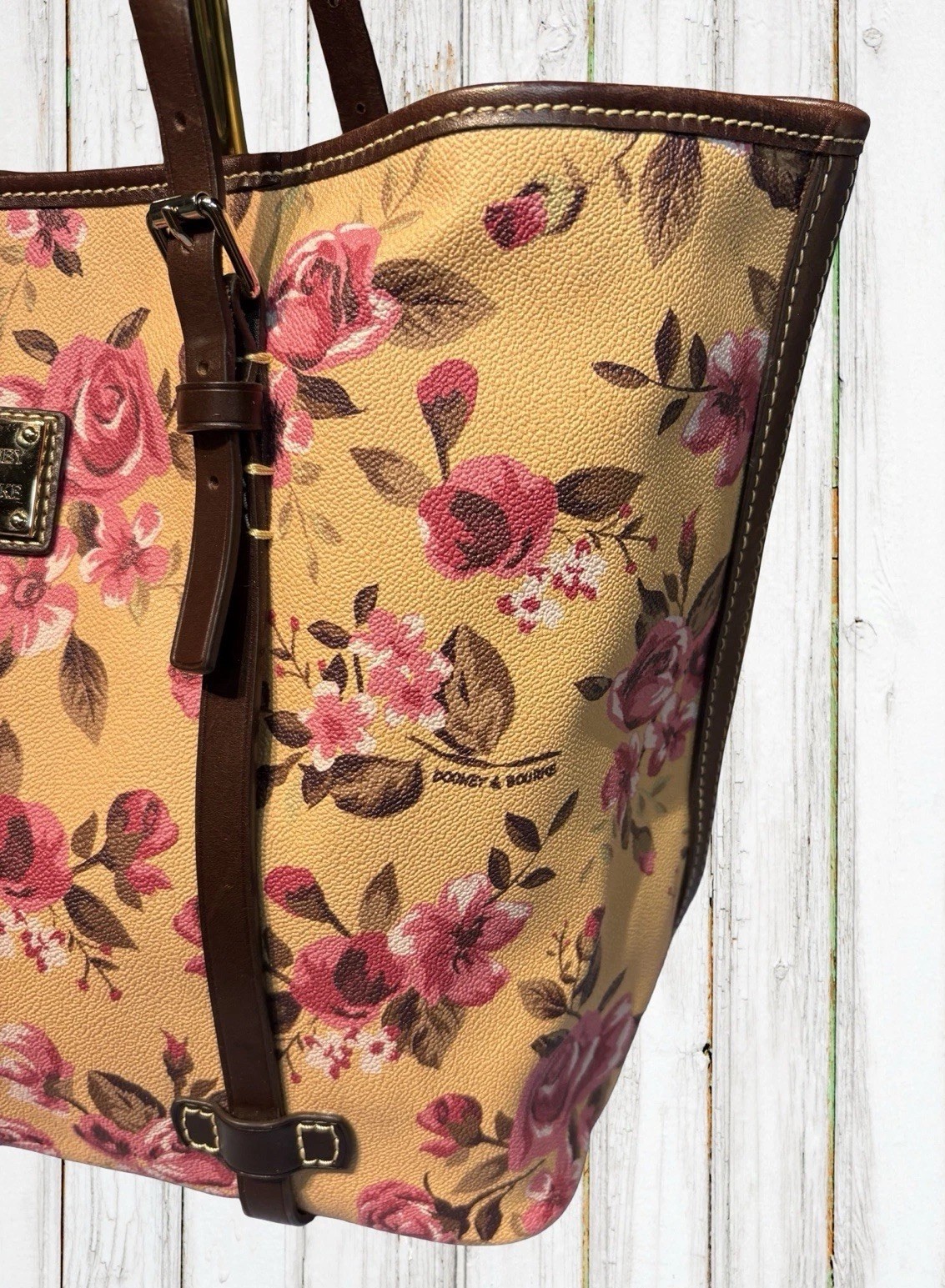 Dooney Bourke Pink Yellow Beige Cabbage Rose Floral Large Shopper Tote Bag