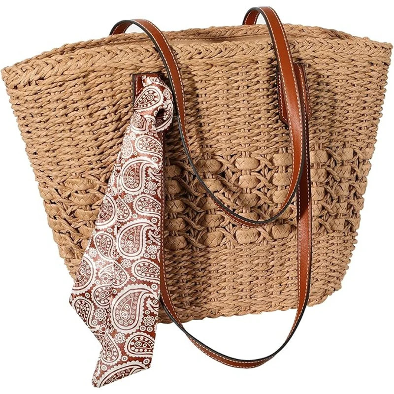 New Trifabricy (no sash) Tan Woven Straw Double Handle Shoulder Purse Handbag