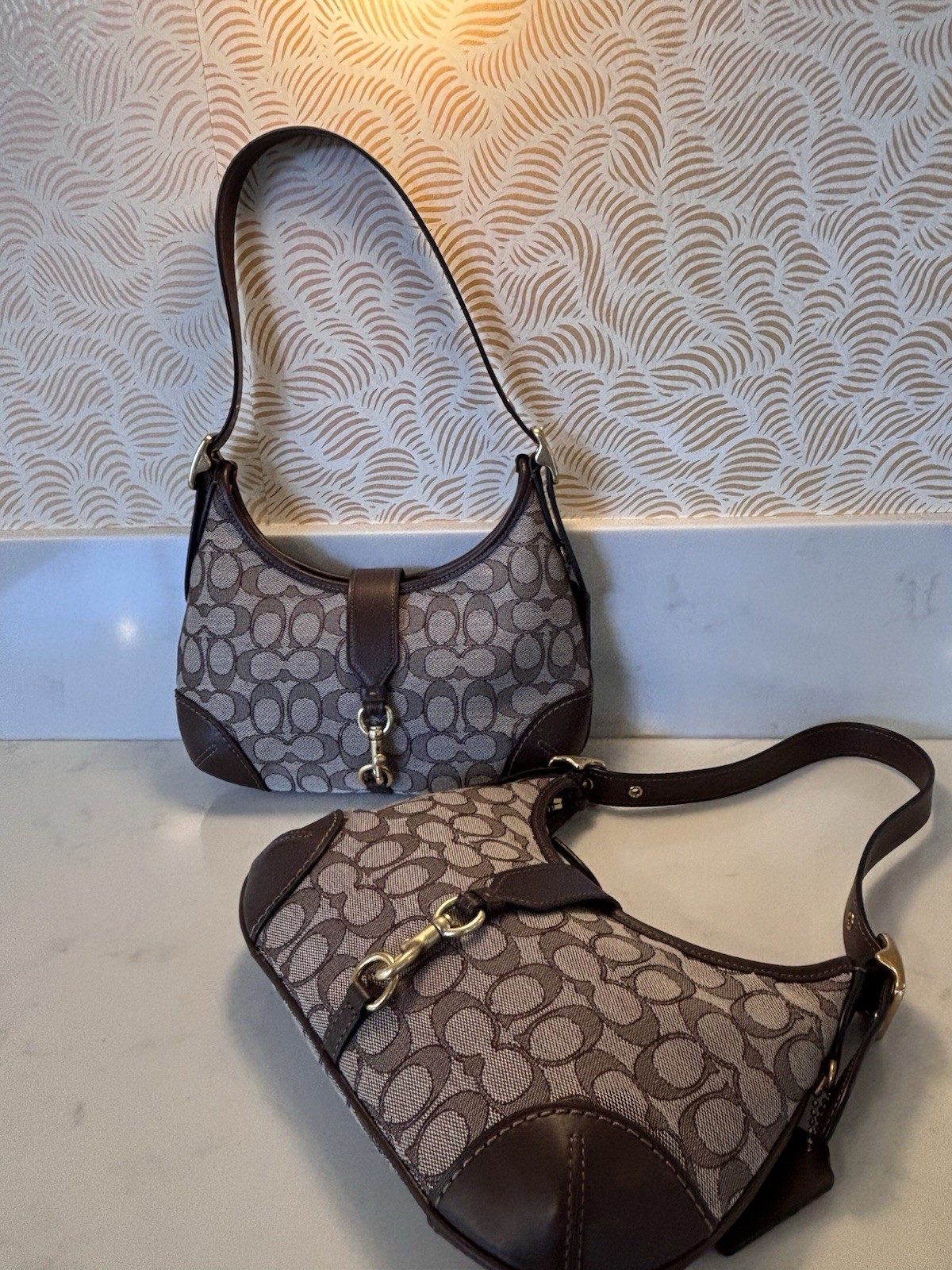 Coach Hamptons Hobo Brown with gold brass hardware in Signature Jacquard