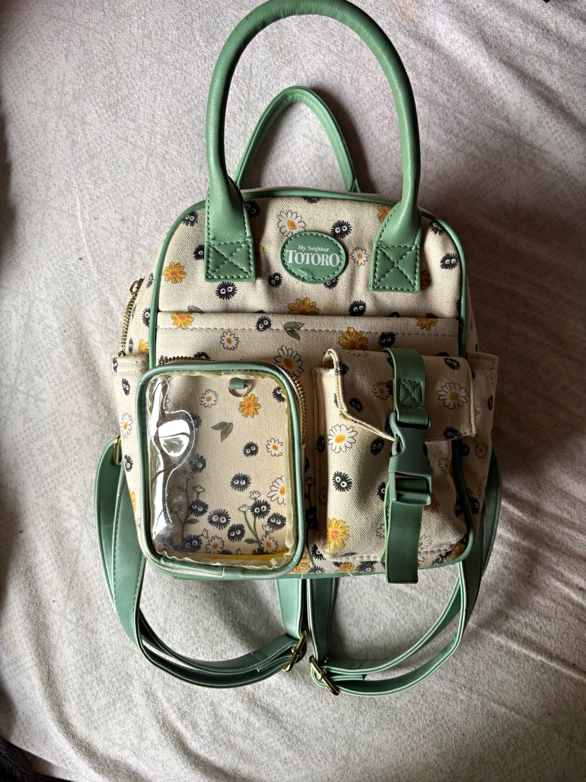 Studio Ghibli Totoro Floral Mini Backpack Top Handle Zip Outer Pockets Cream