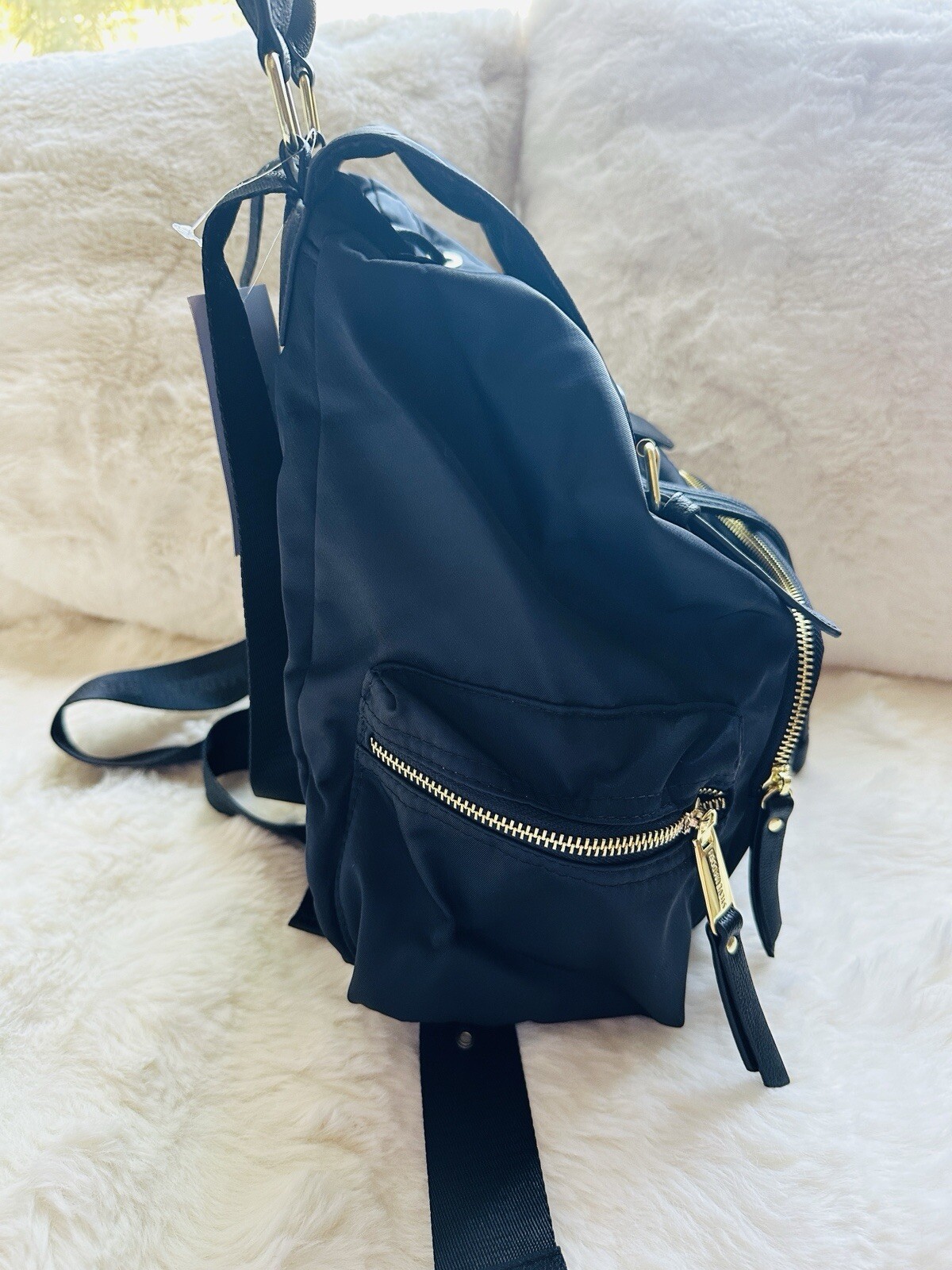 NWT Steve Madden BSOLLY Backpack Adjustable Straps Black Gold Burberry Dupe