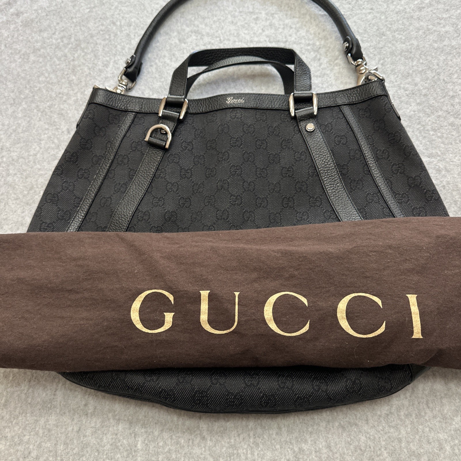 Gucci Two Way Black Abbey Monogram Canvas Tote Purse Bag