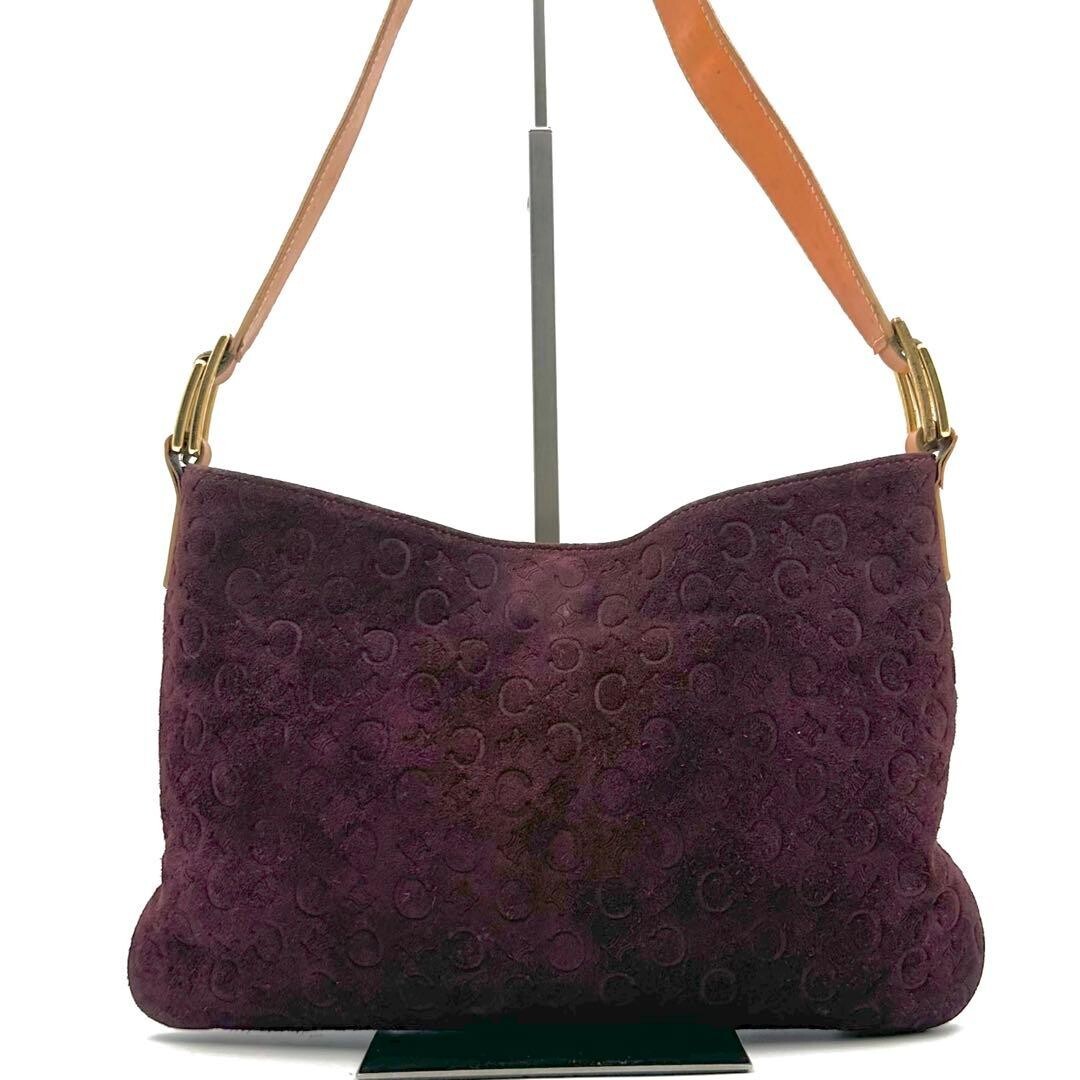CELINE C Macadam Burgundy Suede Leather Shoulder Bag Gold Auth