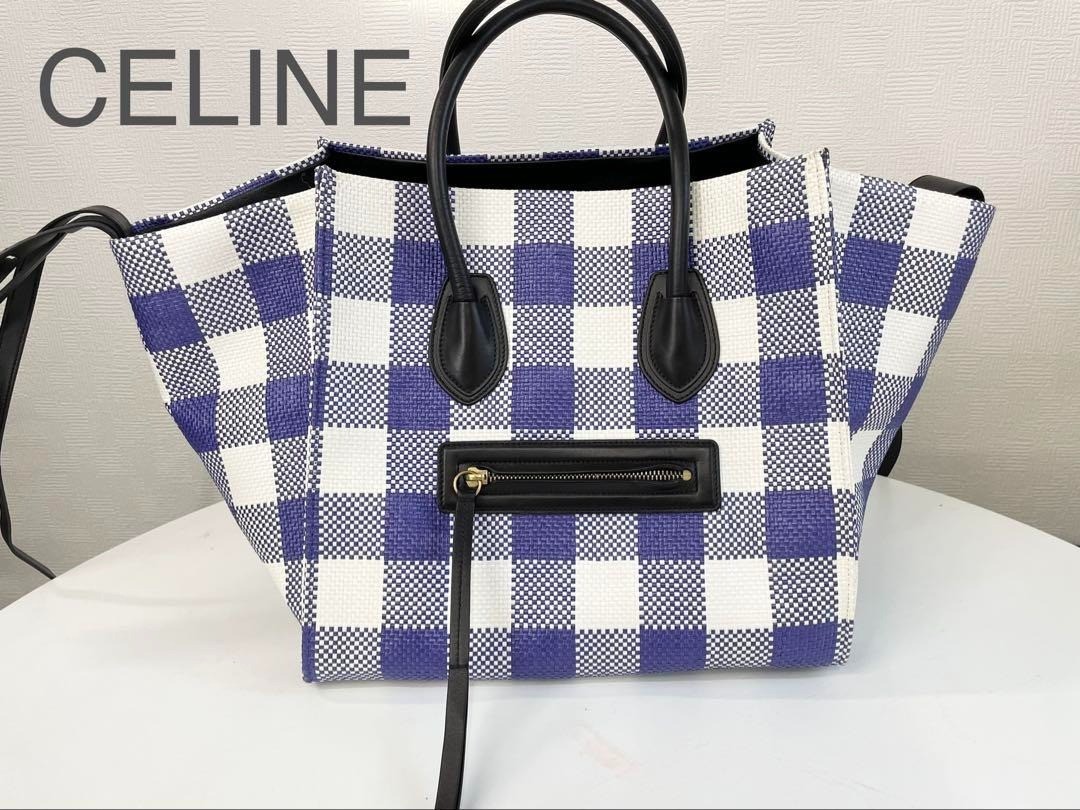 CELINE Luggage Phantom Check Pattern Limited Tote Bag Blue White Rare item