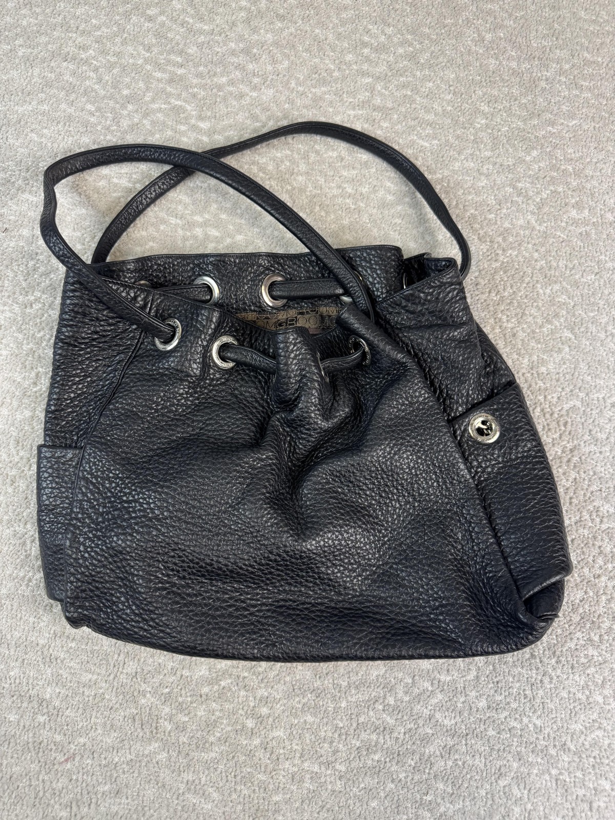 Groom Paris Shoulder Bag Womens Black Full Grain Leather Drawstring Purse France