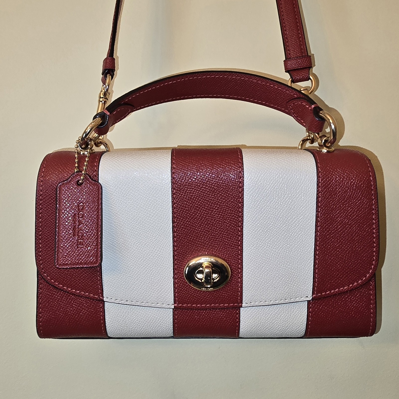 COACH C1435 Red White Tilly Top Handle Crossgrain Satchel Crossbody Gold Trnlock