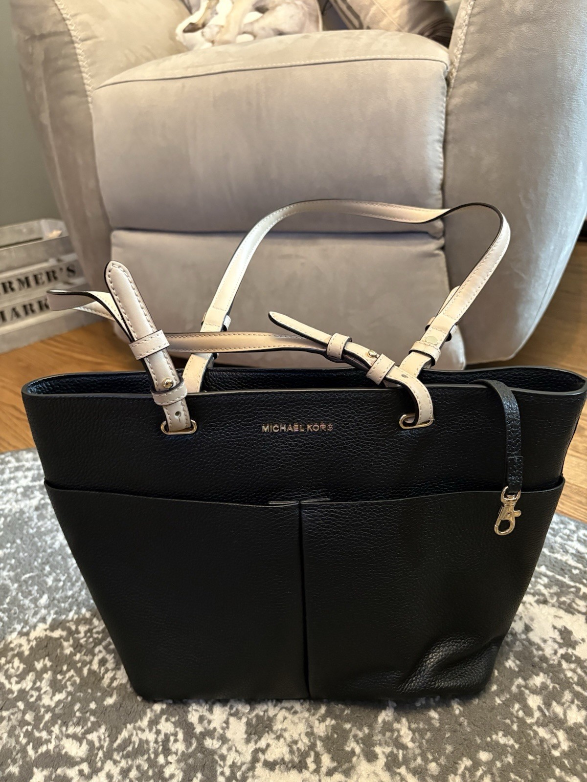Michael Kors Black Pebbled Tote Beige Double Handles Gold Hardware Bag Charm