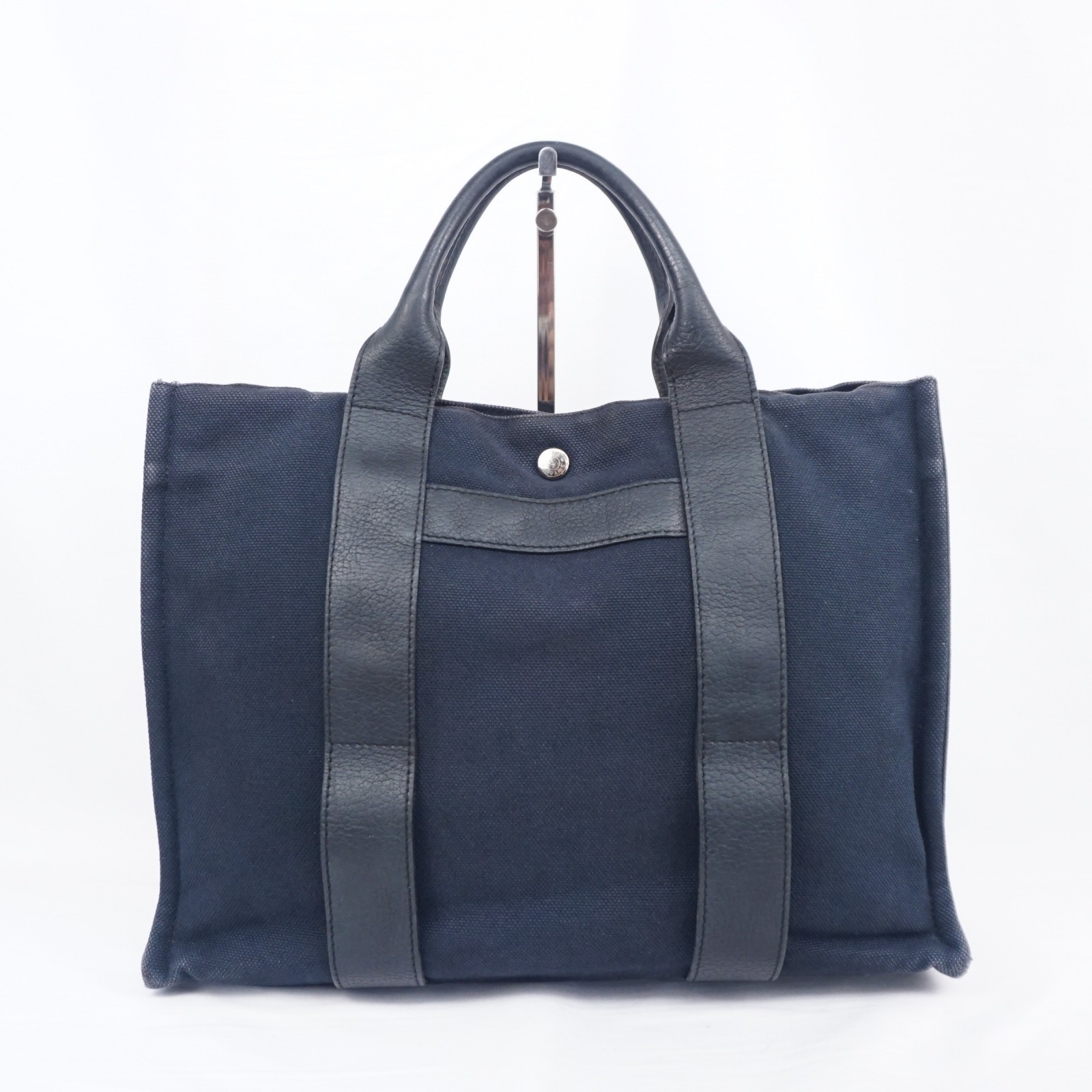HERMES Sac Harnais MM Tote Handbag Canvas Leather Dark Navy B26H553