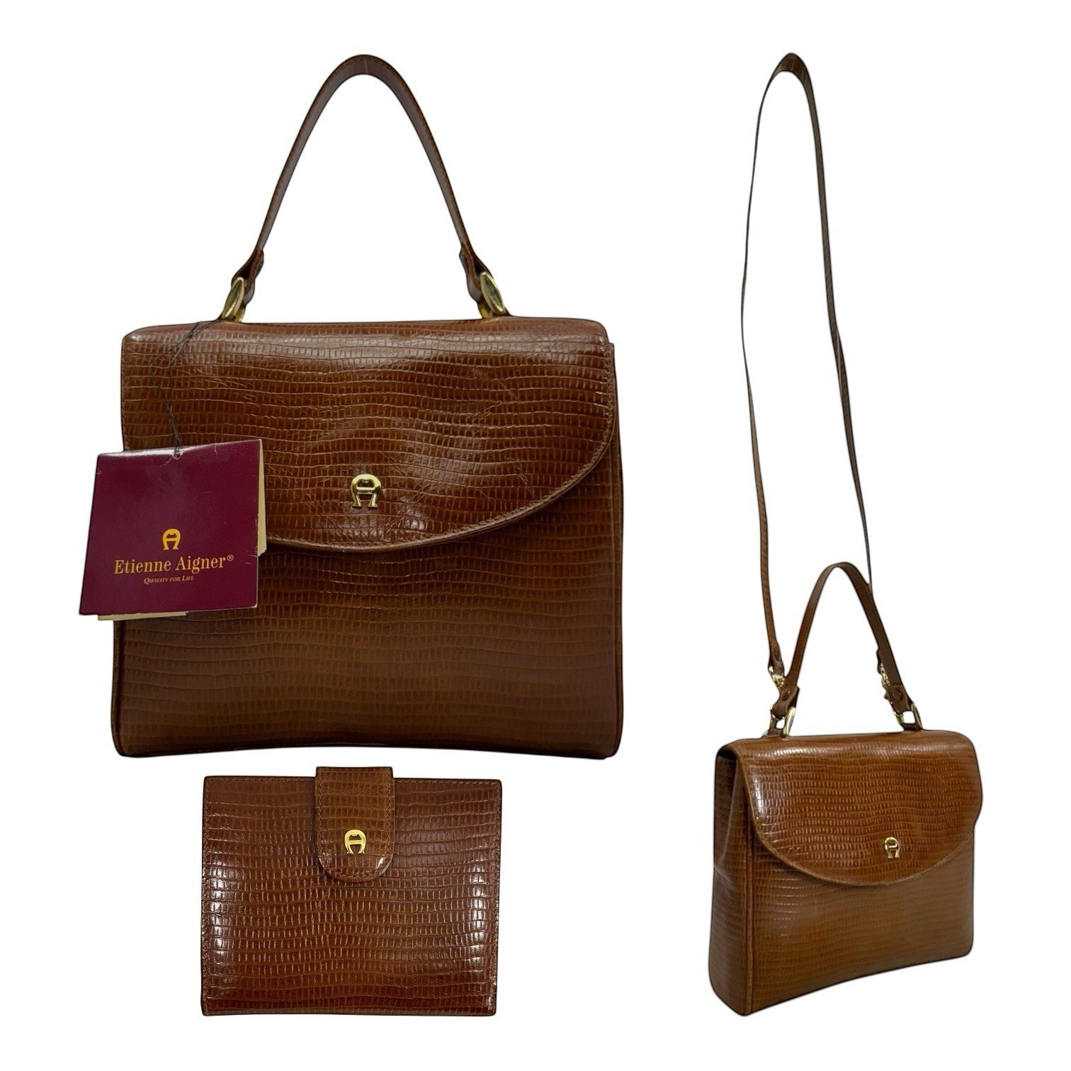 Vintage 90s ETIENNE AIGNER Leather Satchel Bag Shoulder Handbag Wallet Set NWT