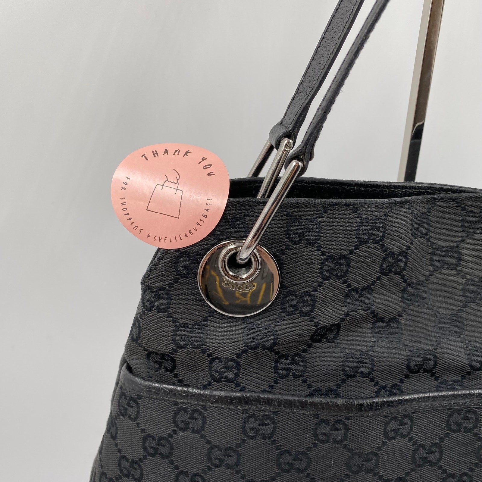 Gucci GG Monogram Eclipse Tote Bag Cloth Canvas Leather Trim Black Y2K Purse