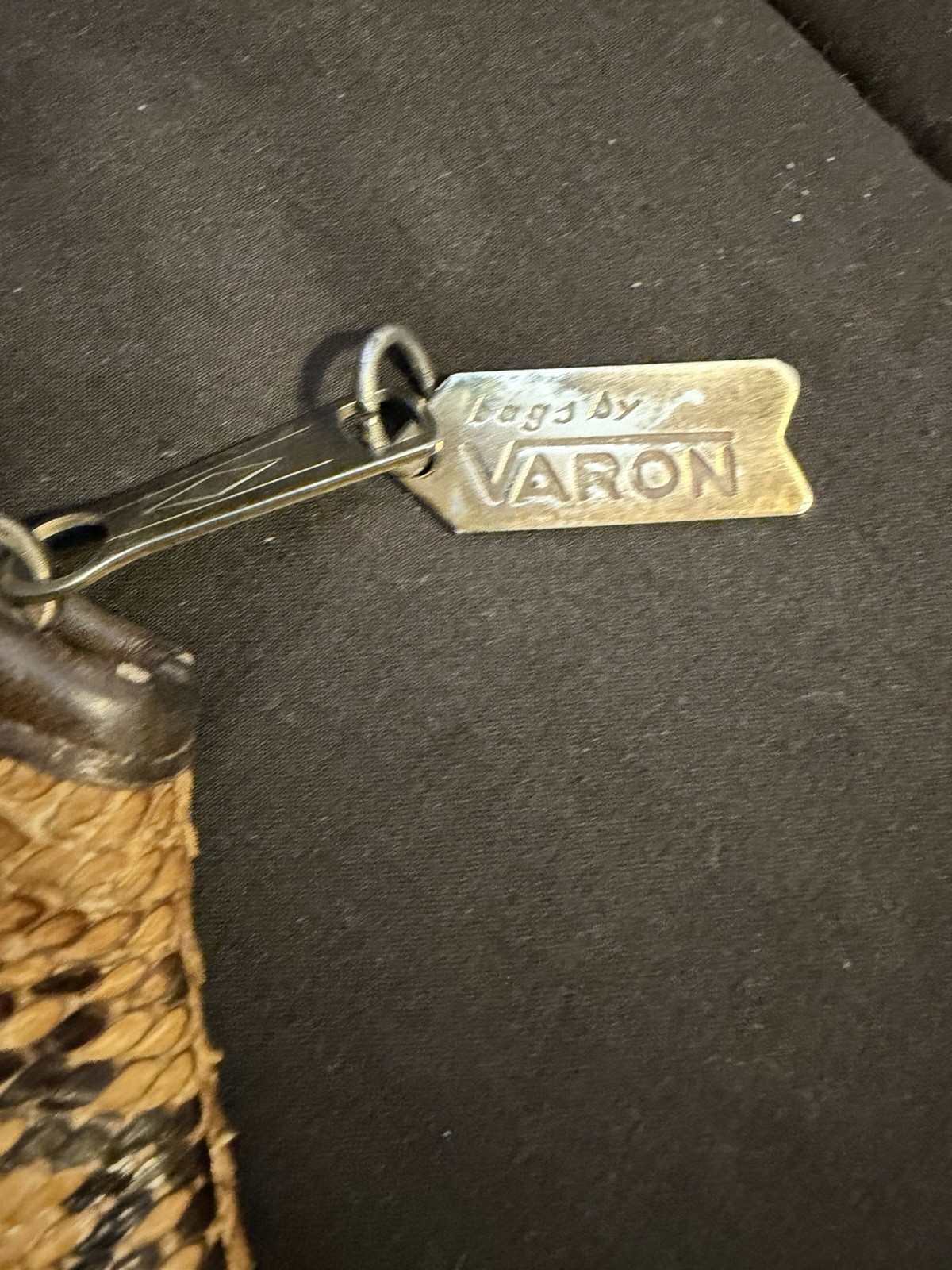 Varon Brown Tan Snake Print Satchel Top Handle Zip Gold Hardware Inner Pockets