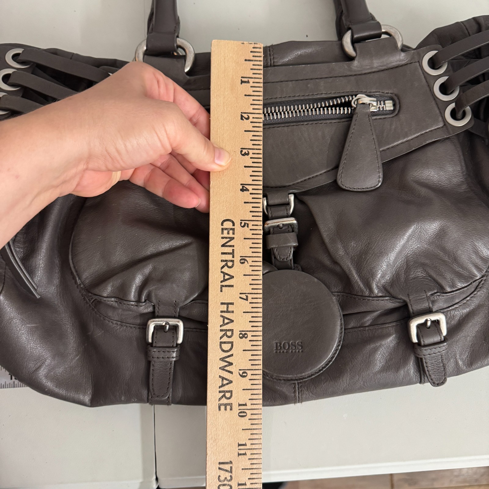 Hugo Boss Leather Hobo Shoulder Satchel Gray Lace Up Crossbody Strap Grunge Y2K