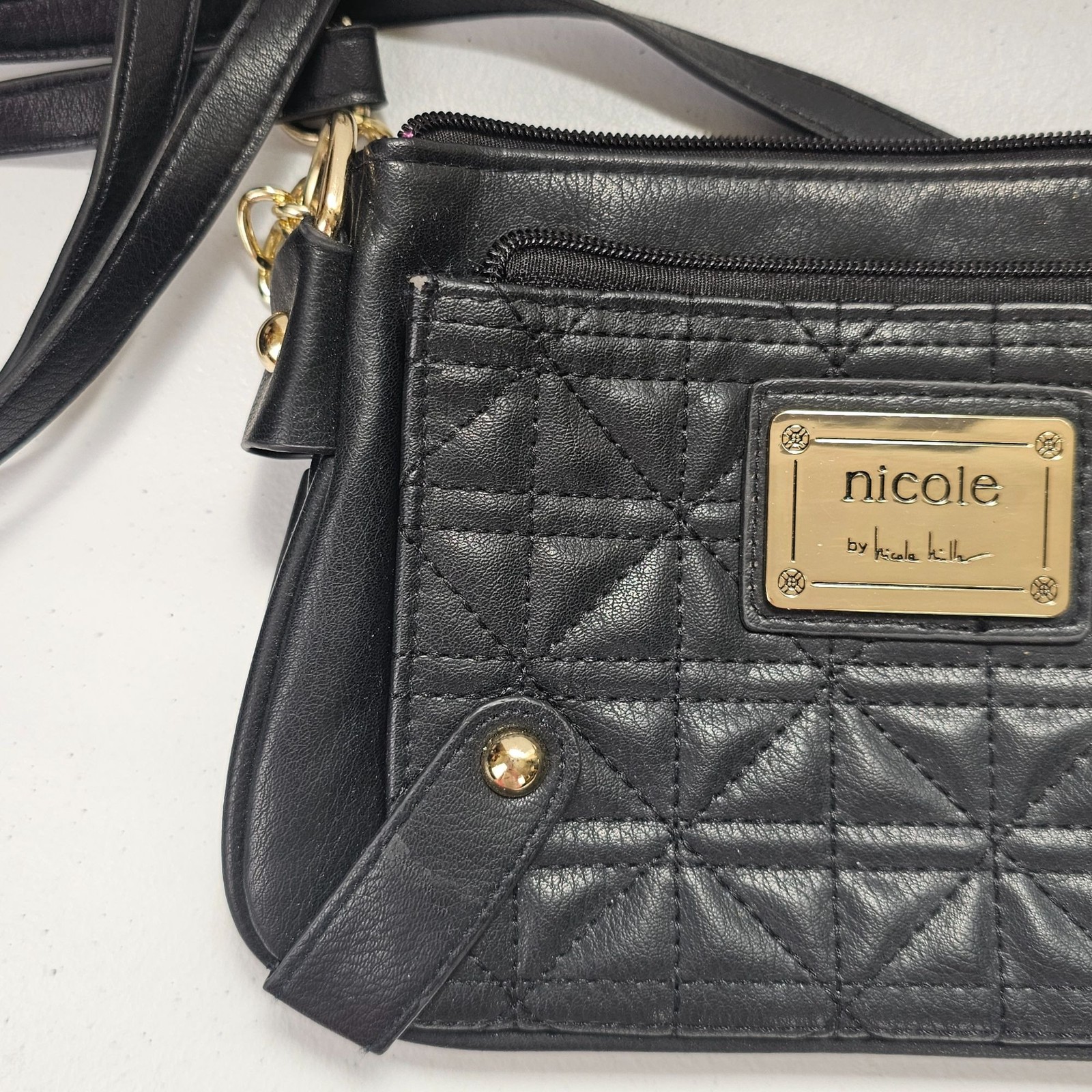 Nicole Miller Crossbody Bag Black Quilted Faux Leather Gold Chain Strap