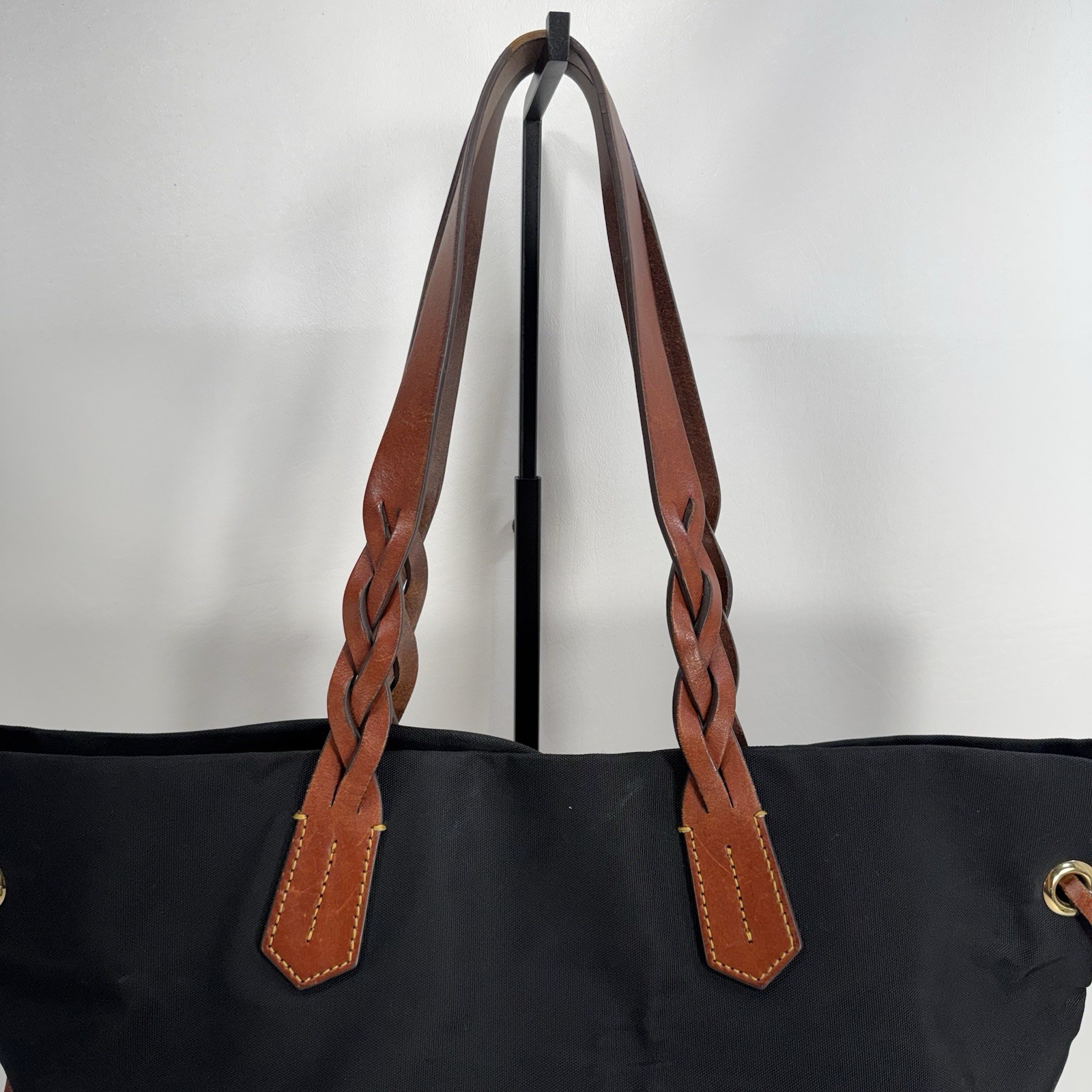 Dooney & Bourke Black Nylon Shopper Tote Bag Brown Leather Braided Duck Logo