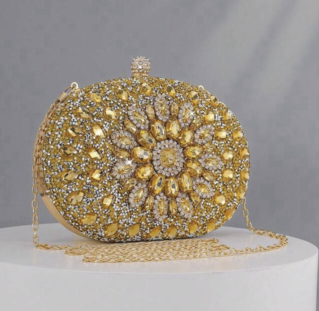 Gold Crystal Rhinestone Floral Oval Clutch w/ Detachable Chain Strap, Clasp
