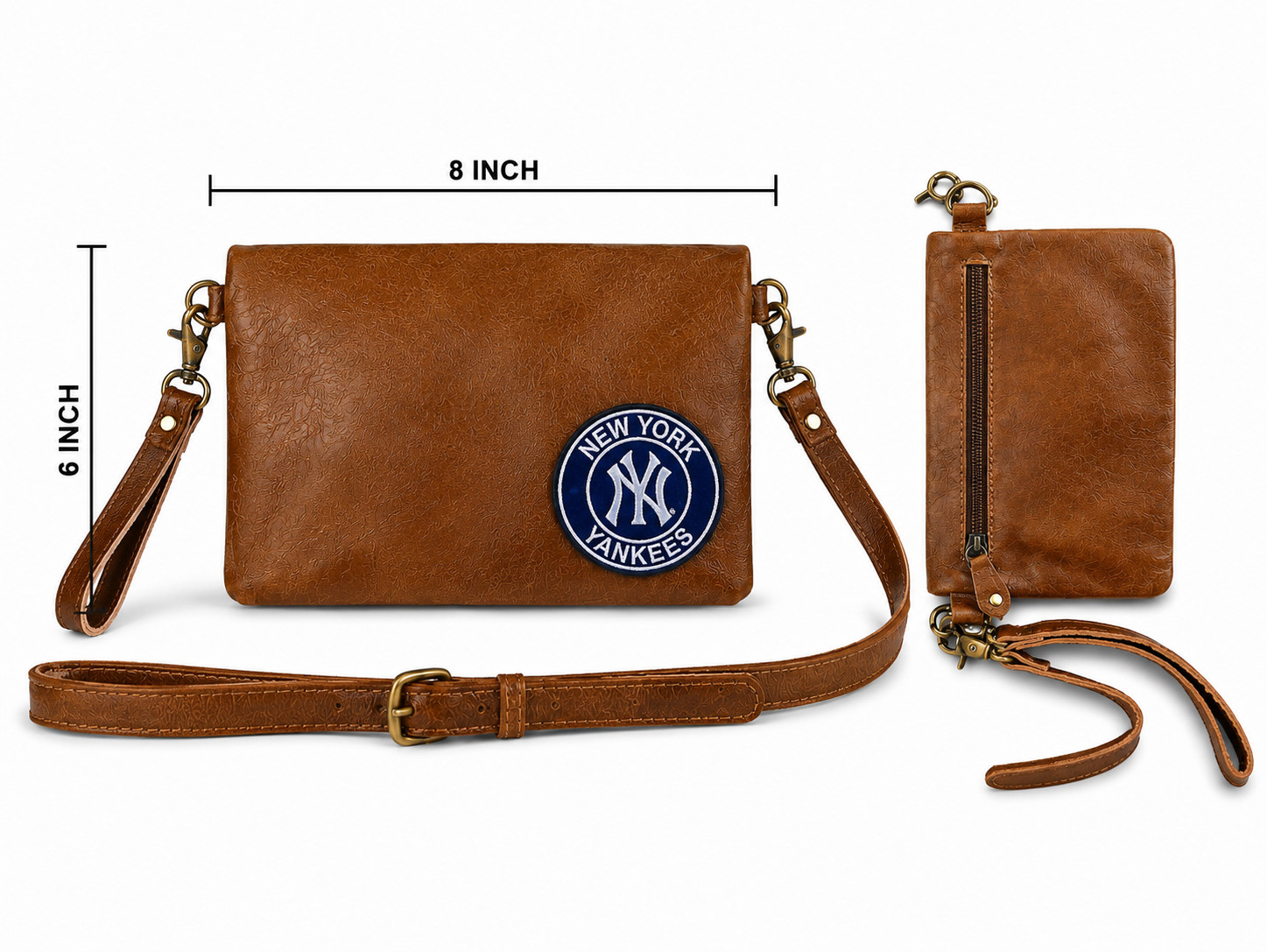 Vintage Leather Crossbody Bag Baseball Team Patch Wristlet Purse Brown
