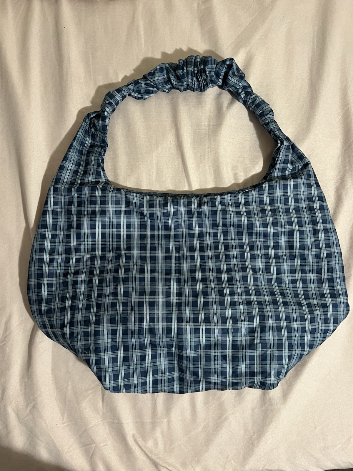Women’s Blue Plaid Shoulder Bag Button Closure, Lined, Inner Pockets