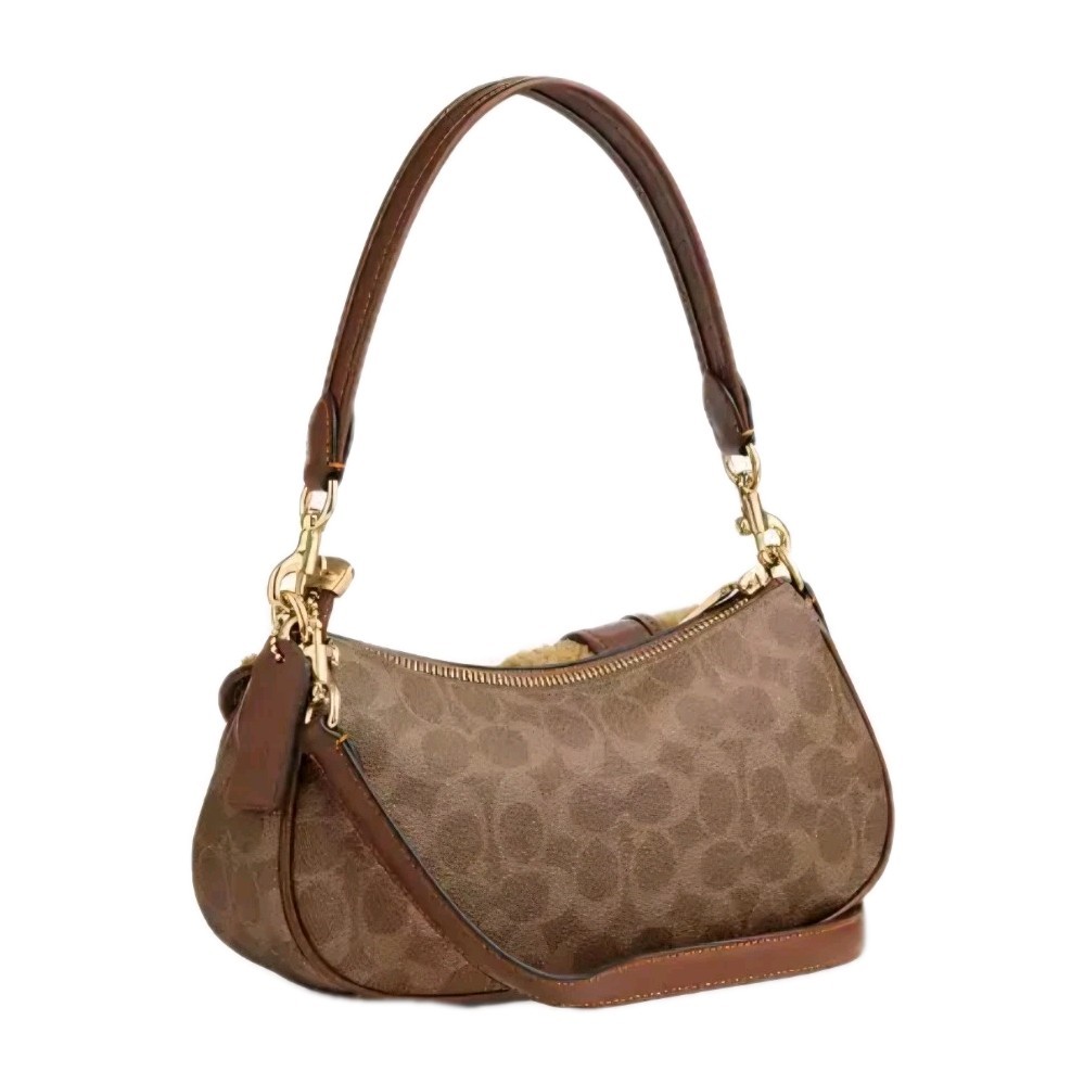 Coach Ashton Signature Canvas Shearling Buckle Bag Crossbody Tan Vintage Brown