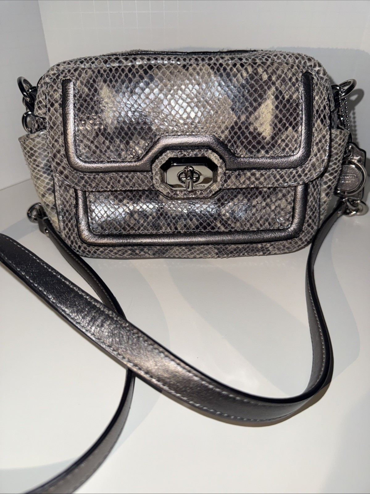 COACH Campbell Exotic Leather Crossbody Purse Camera Bag Python Platinum Small