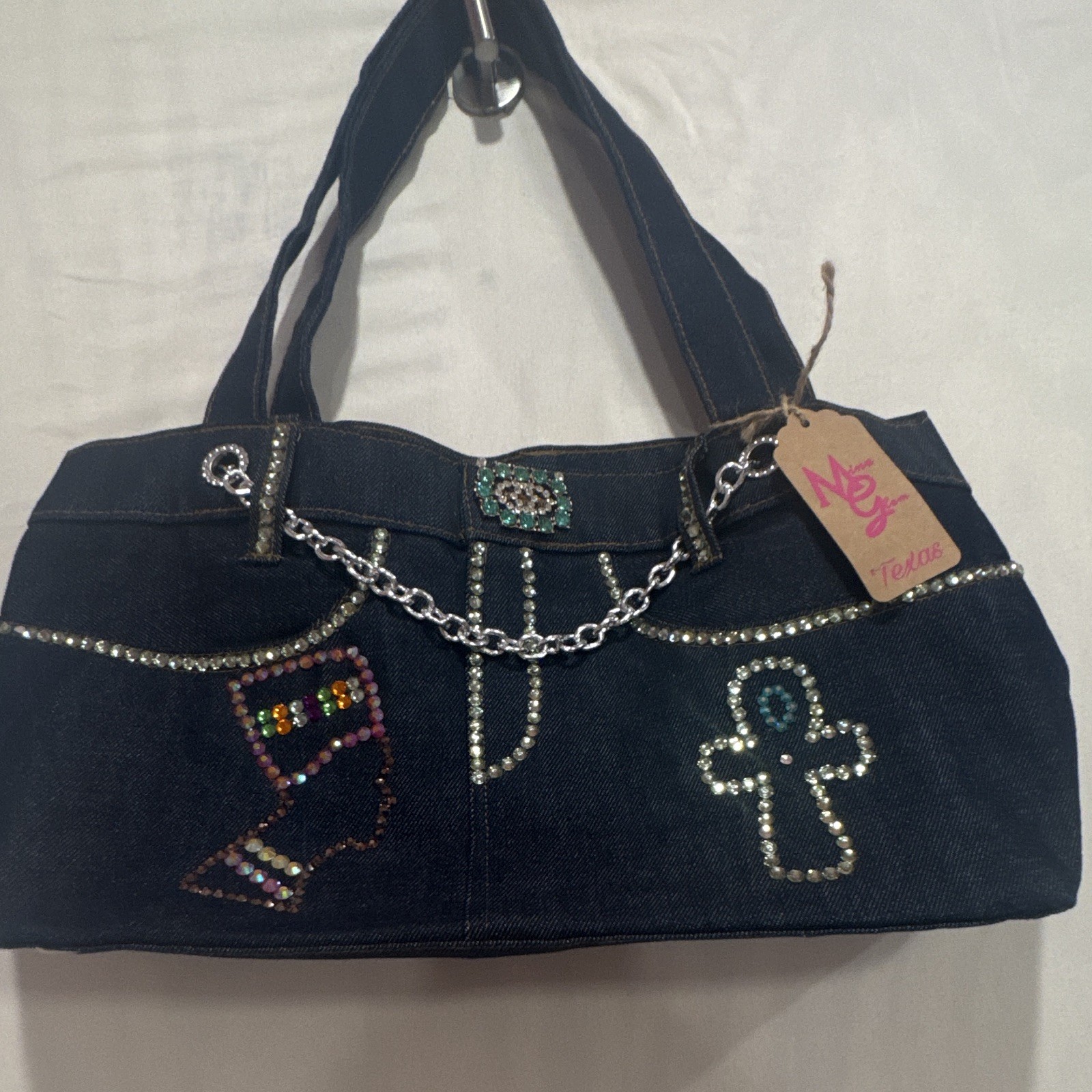 Women’s Dark Blue Medium Shoulder Bag Angel Rhinestone Studded Chain Charm Zip