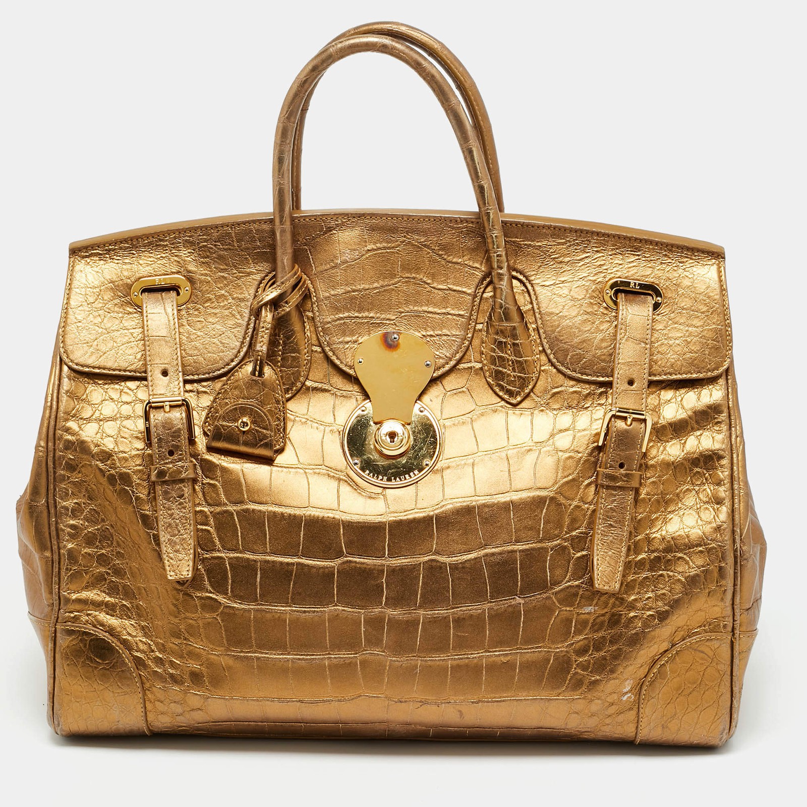 Ralph Lauren Gold Alligator Embossed Leather Ricky 40 Tote
