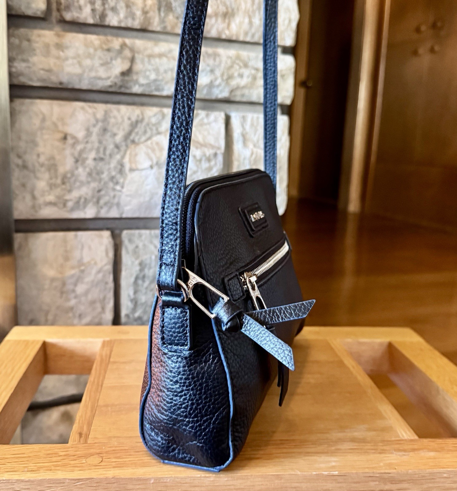 Lodis Pebbled Leather Crossbody Bag Charlotte Purse Navy Classic Designer