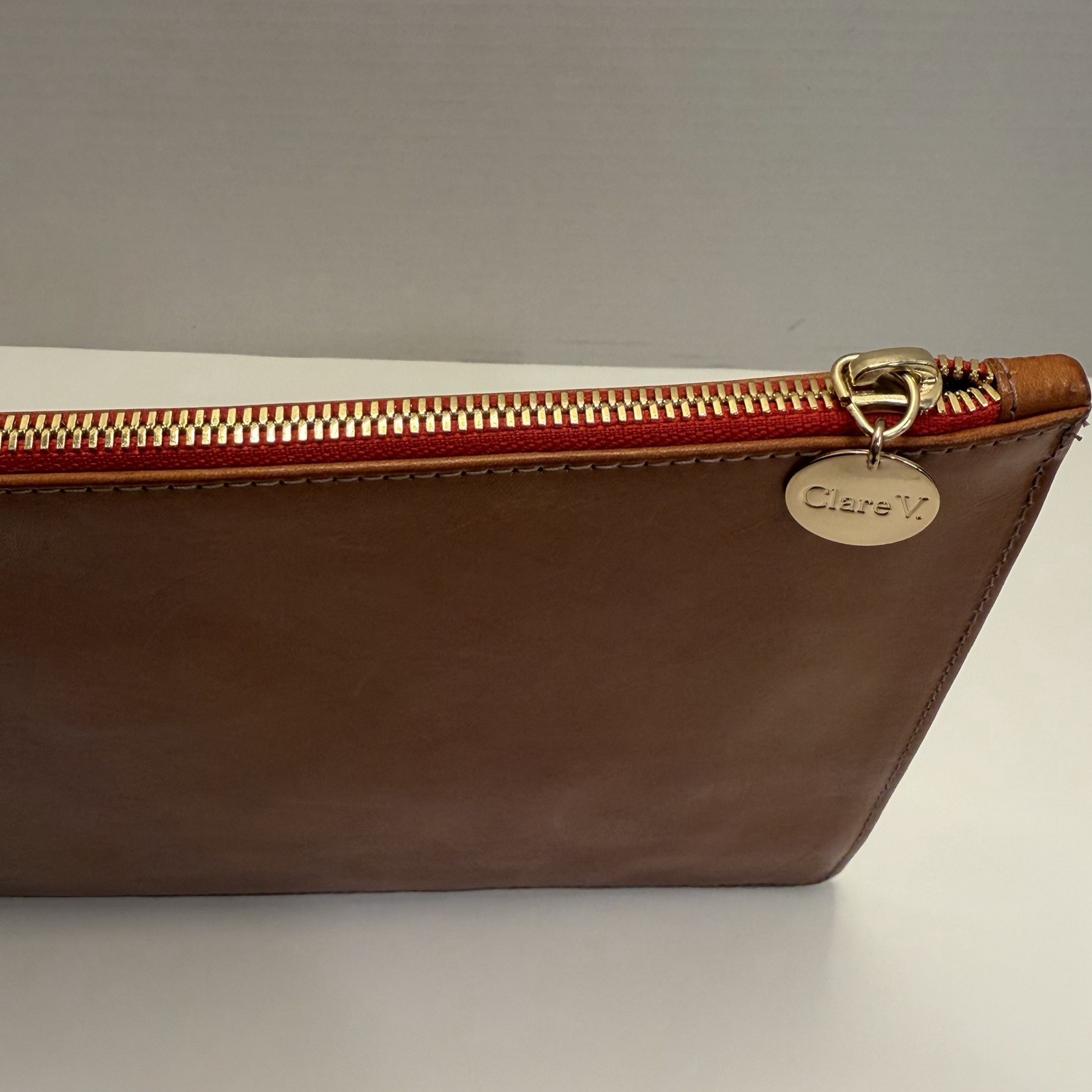 Clare V. Margot Double Dutch Woven Leather Flat Pouch Clutch Brown Black Red