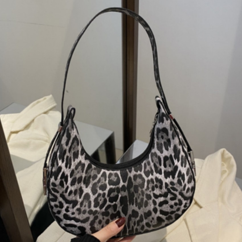 Grey Leopard Print Underarm Hobo Bag Ladies PU Leather Zip Shoulder Crescent Bag