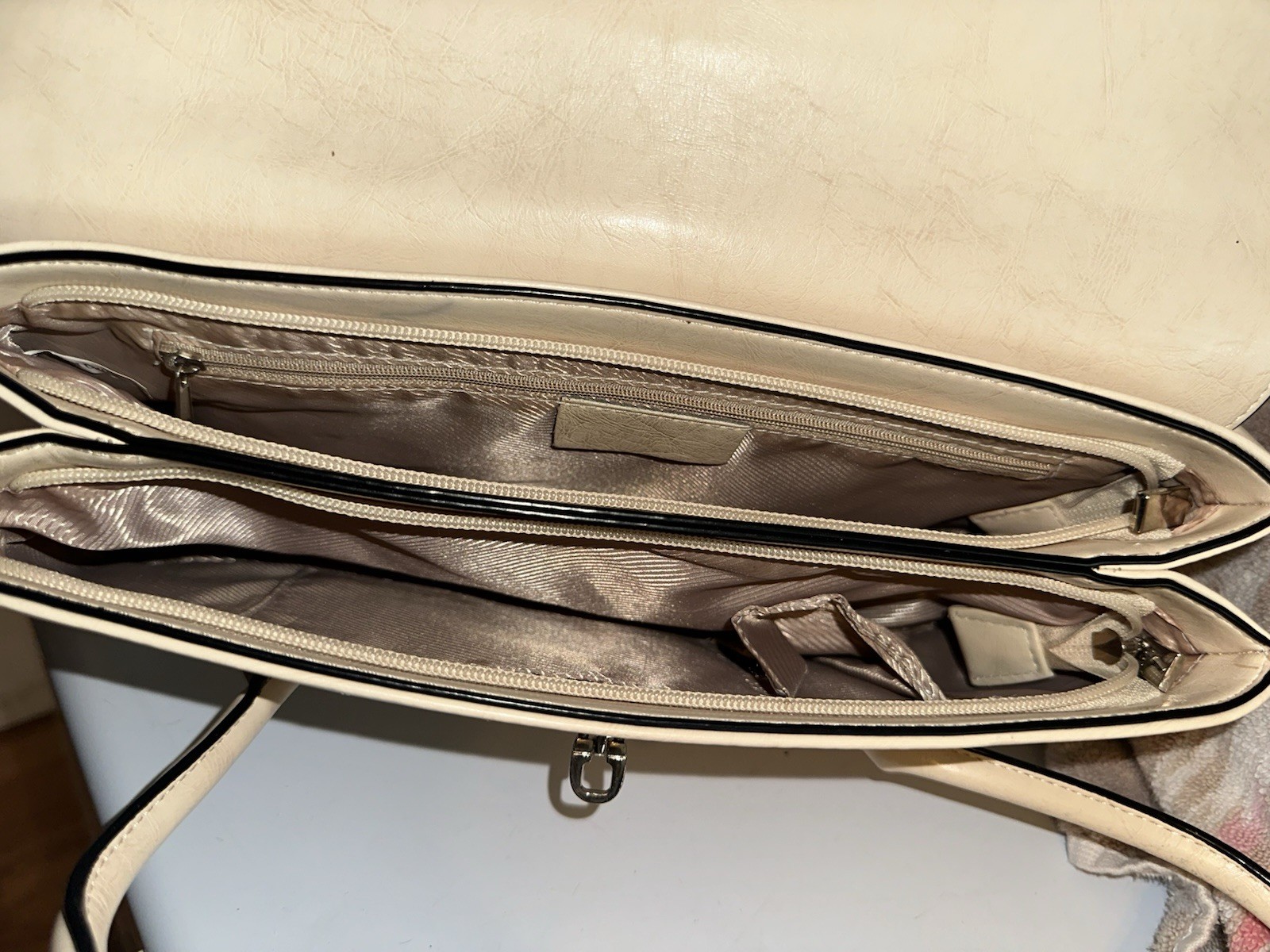 Beige Medium Rectangle Shoulder Bag Turn Lock Zip Gold Hardware Lined Pockets